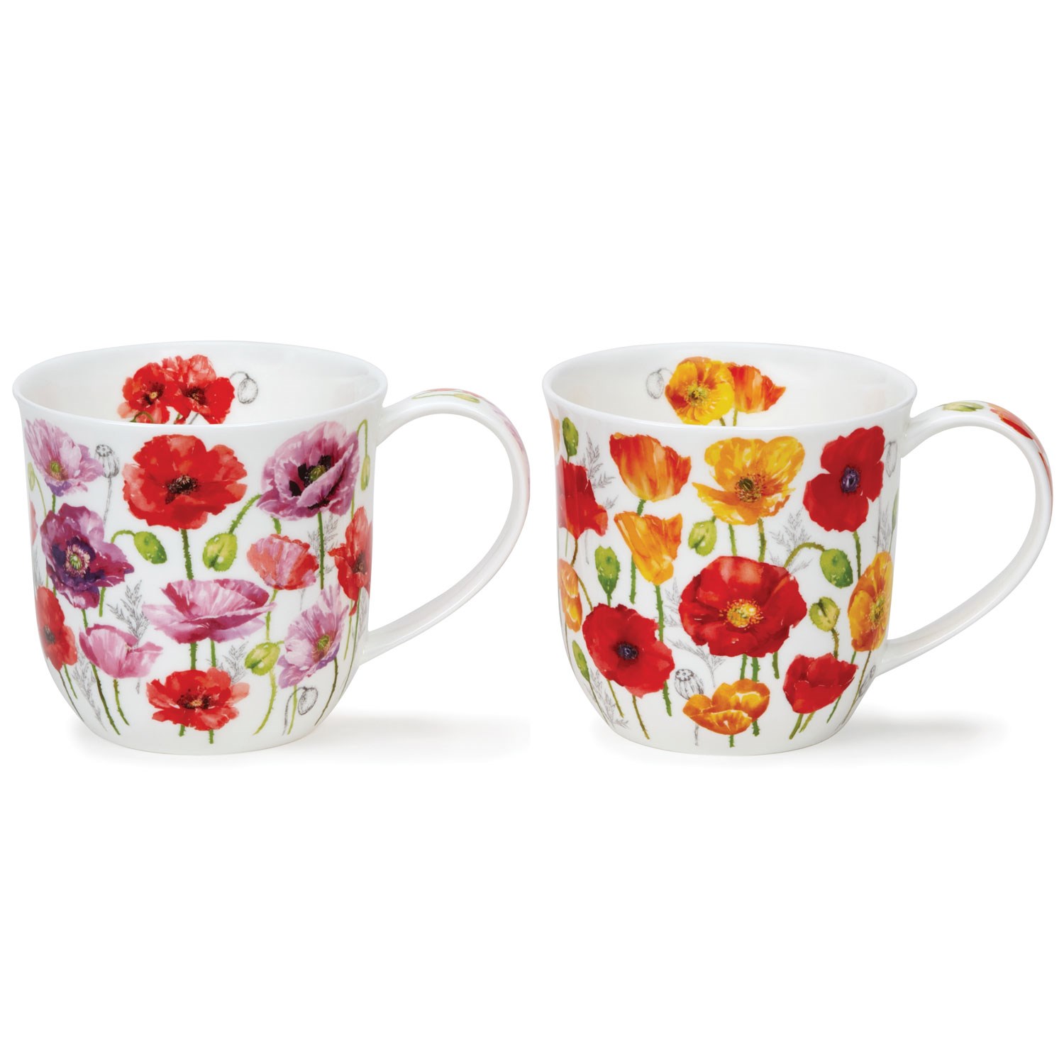 Two white porcelain mugs side by side with vibrant poppy flower pattern in red, yellow, orange and pink
