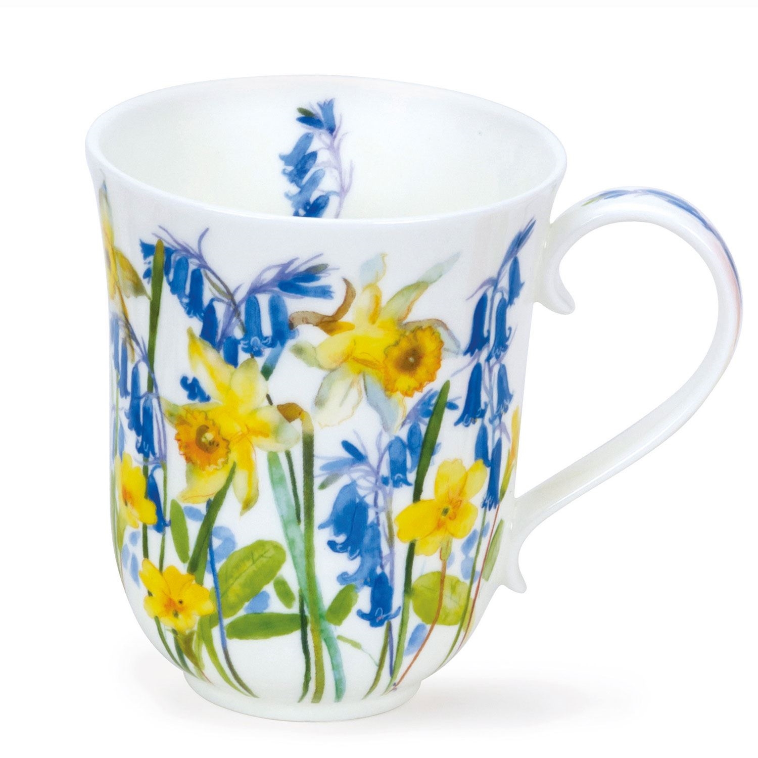 Weißer Porzellanbecher mit gelben Narzissen und Blaustern, Tasse, Porzellan, Blumenmuster, Kaffeemug, Gelbblaues Muster