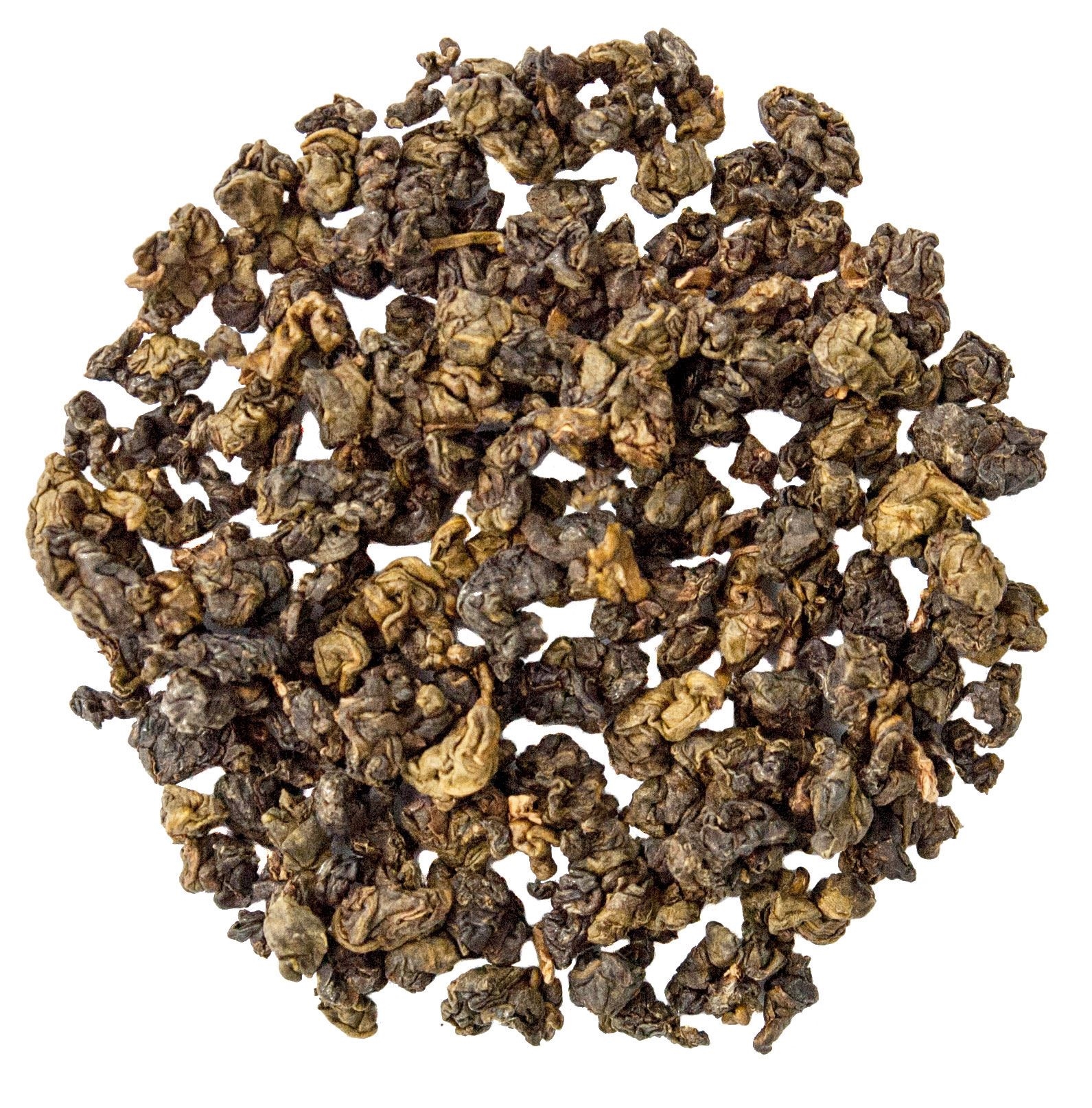 Runder Haufen loser Oolong-Teeperlen, Tee-Tee, Oolong-Knödel, geröstete Teeblätter, grüner Tee, Lose Tee