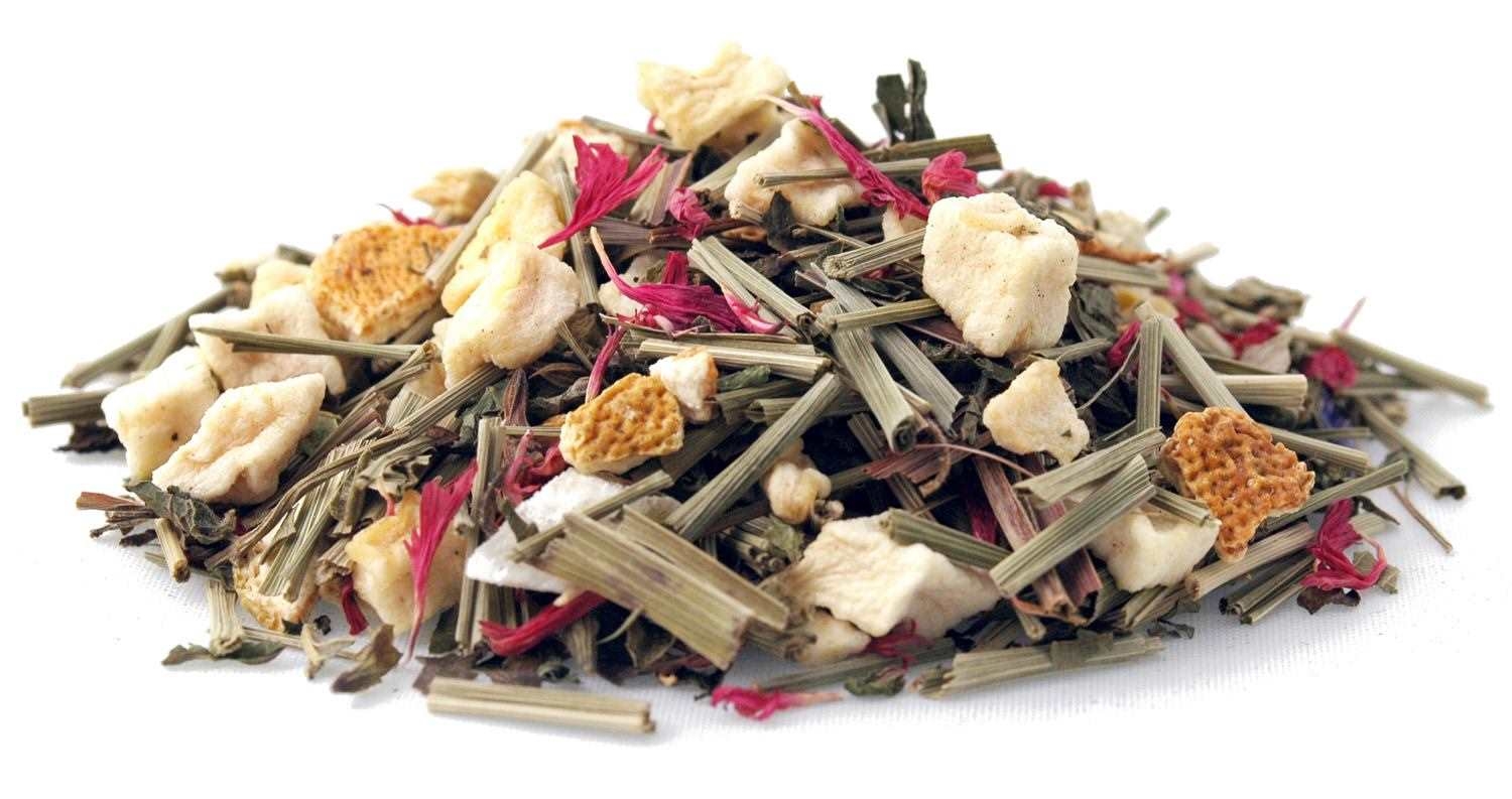 Lose Früchtetee-Mischung mit Zitronengras und Obststücken, tee, Teemischung, Kräuter, getrocknete Kräuter, Blütenpollen