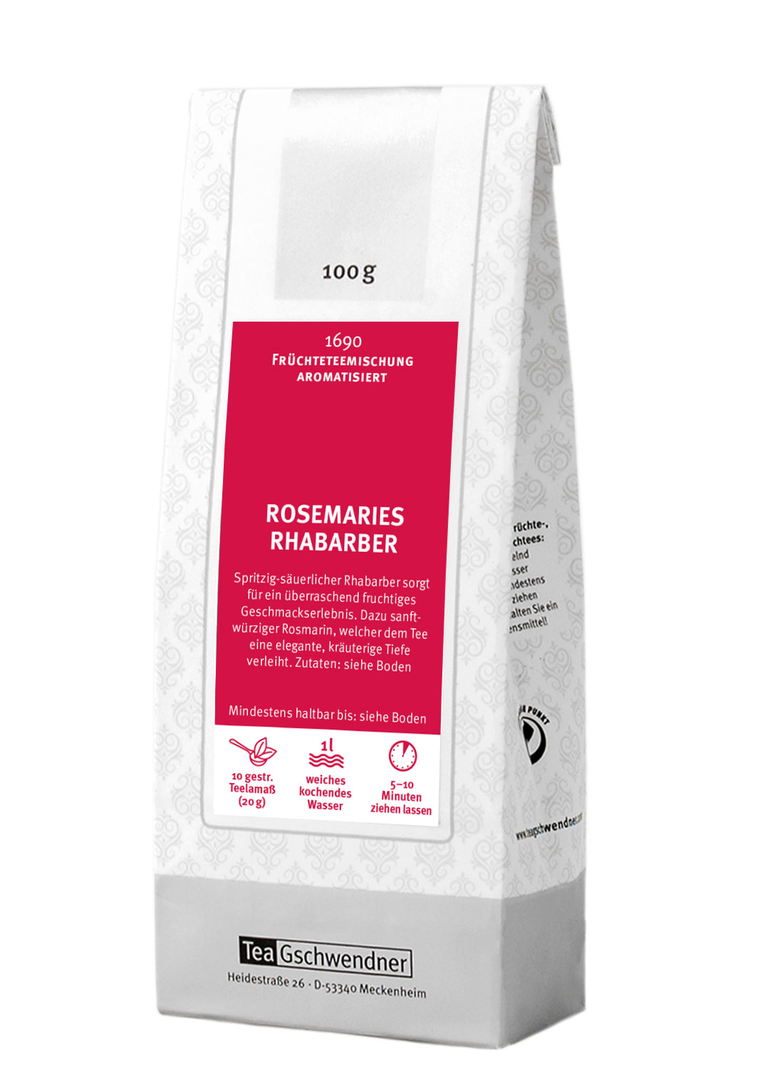 Verpackung von Rosemaries Rhabarber, aromatisierte Früchteteemischung mit spritzig-säuerlichem Rhabarber und sanft-würzigem Rosmarin, 100 g