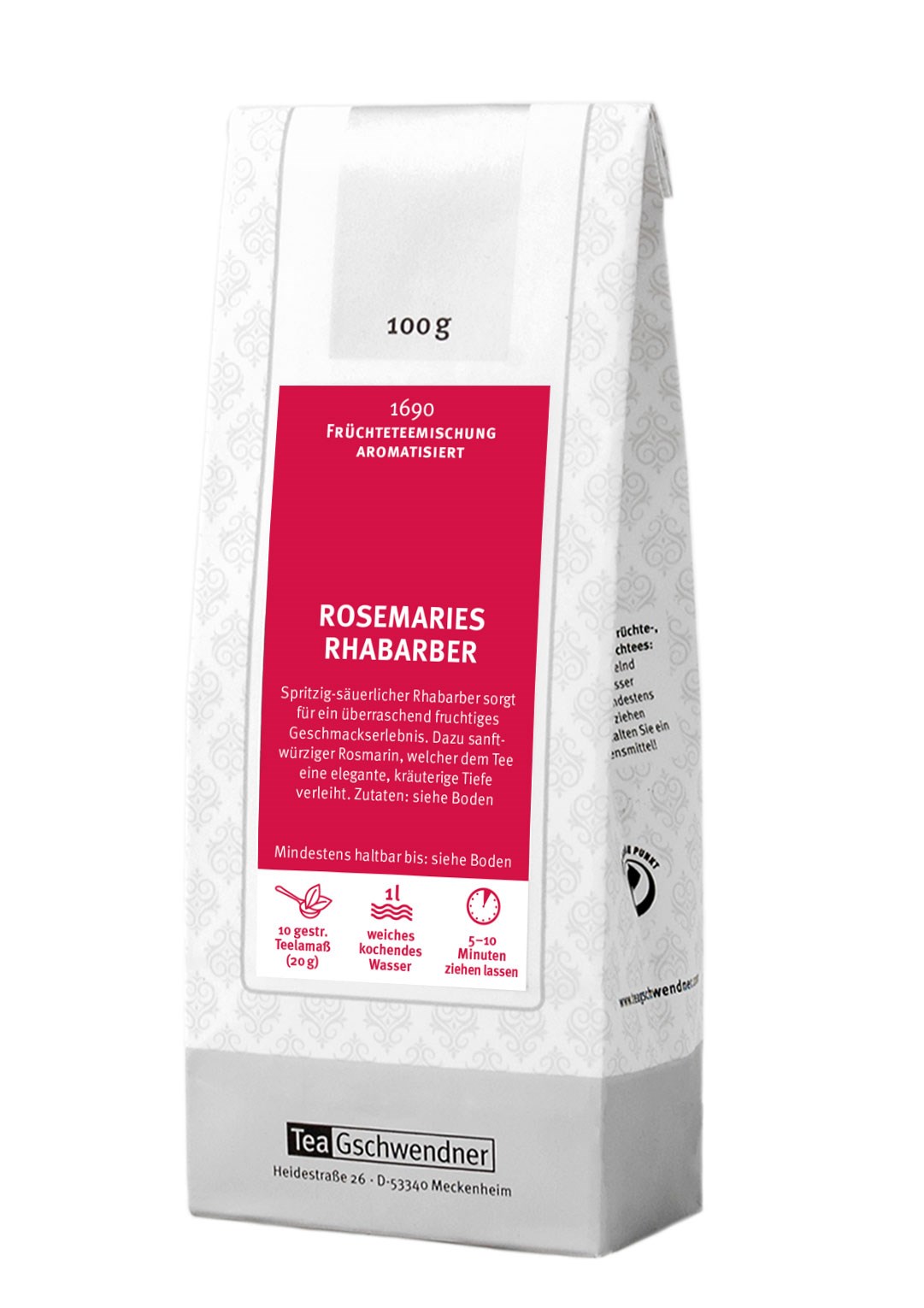 Weiße 100 g Teepackung TeaGschwendner Rosemaries Rhabarber, aromatisierte Früchteteemischung mit Rhabarber und Rosmarin, Rosenmarys, Rhabarber, Früchtetee, Aromatisierter Tee, Teemischung