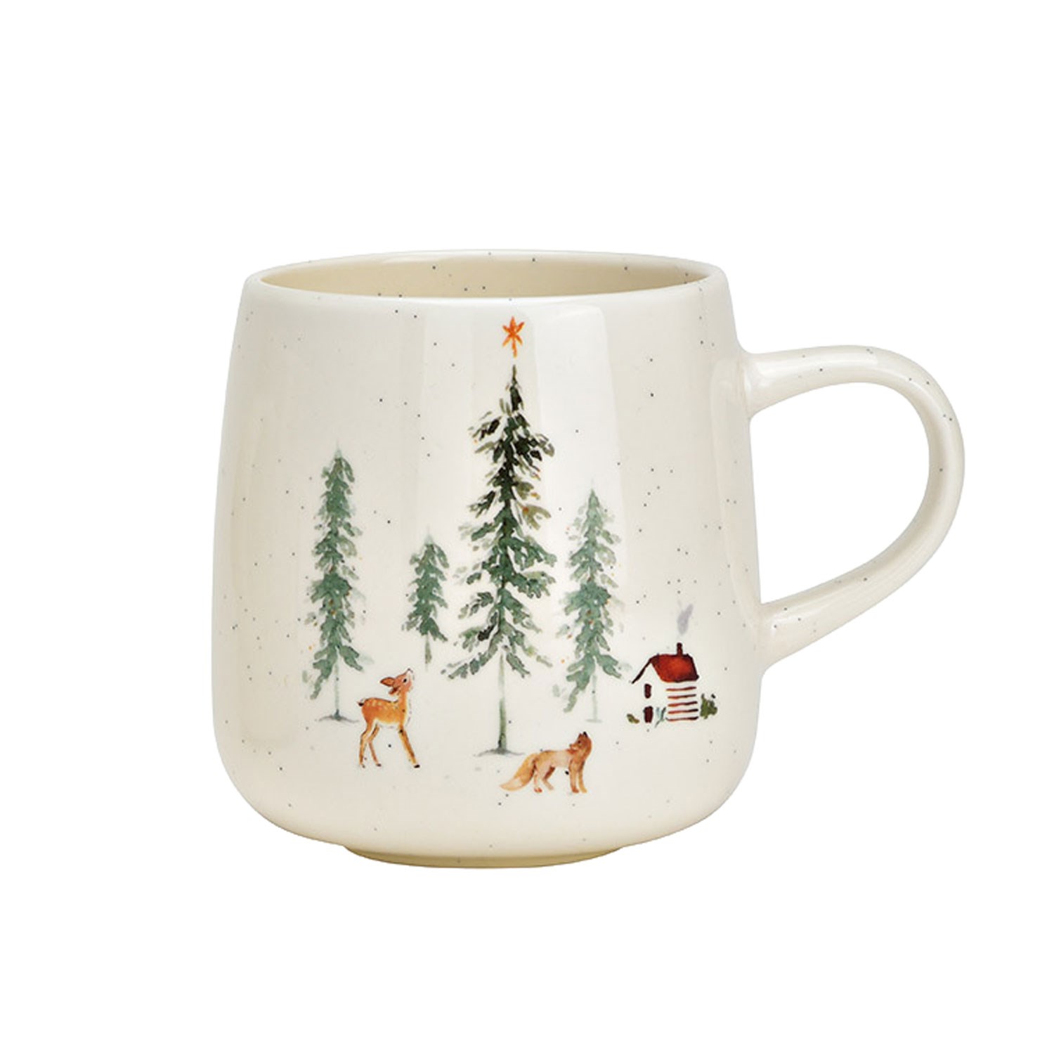 Keramiktasse, Cremeweiß, Waldmotiv, Tannenbäume, Tierillustration