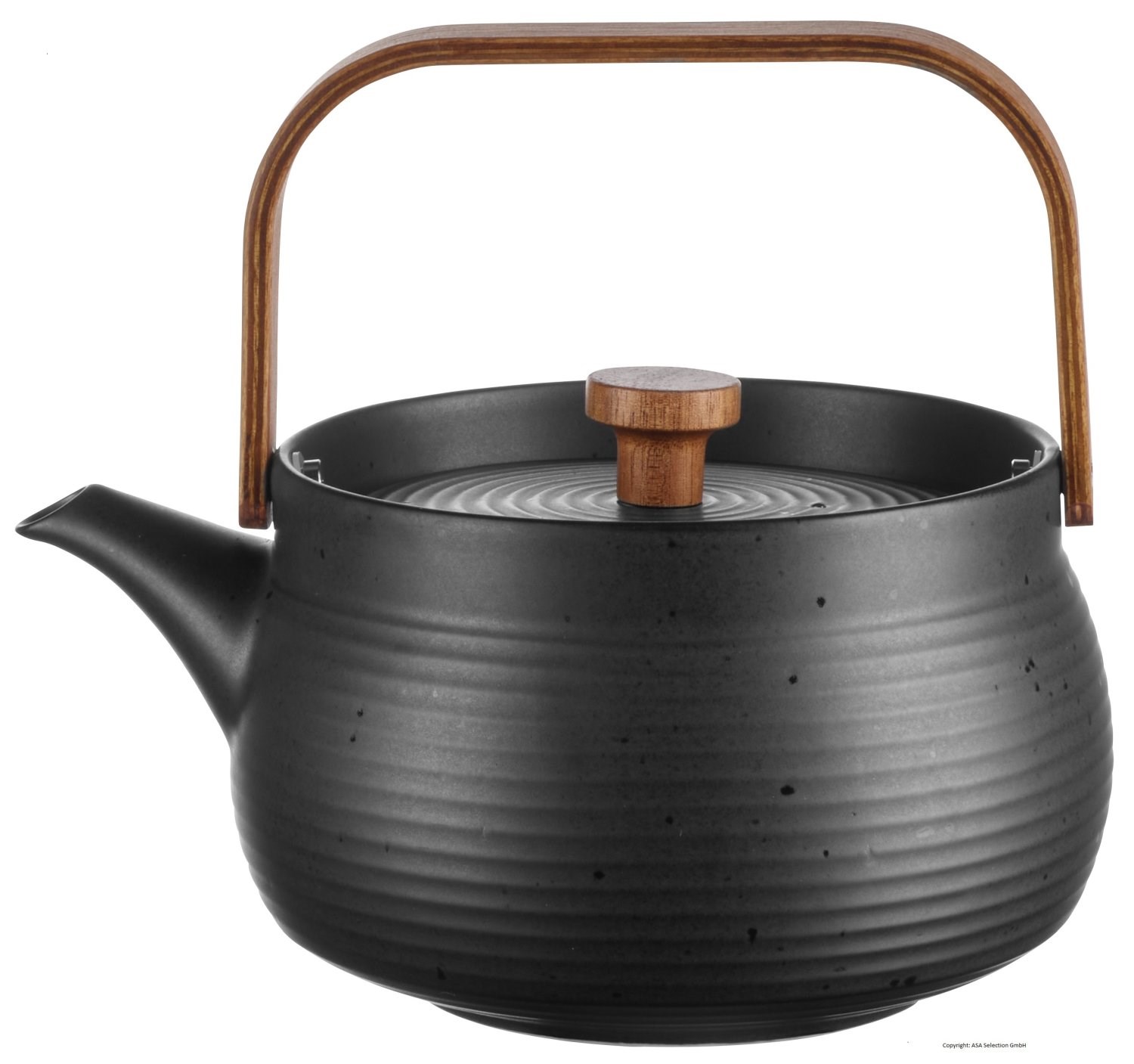 Schwarze Teekanne aus Metall mit Holzgriff und Deckel, Kessel, Stahl, Schwarz, Holzgriff, Dampfkocher