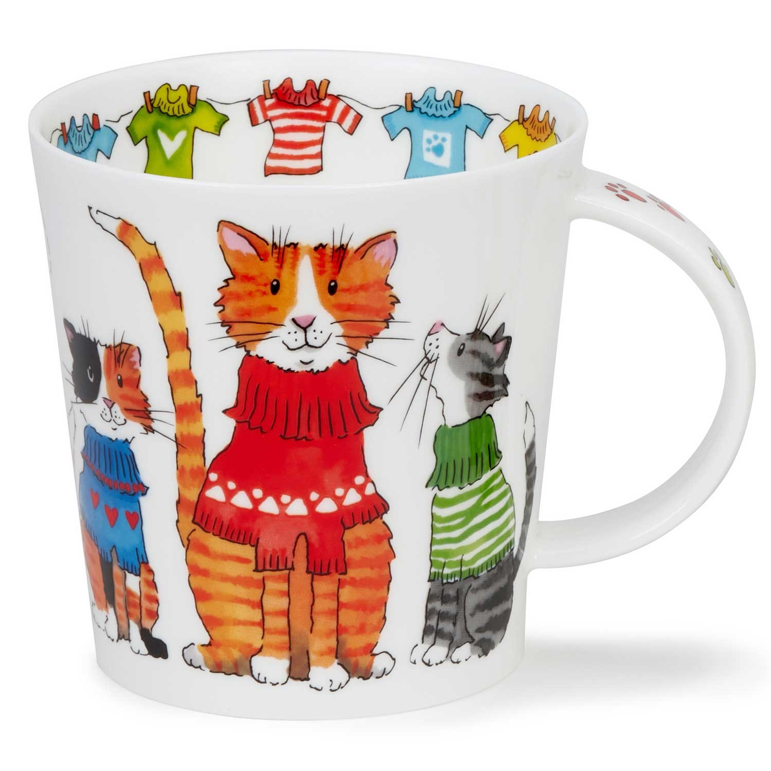 White porcelain mug featuring cheerful cats in colourful jumpers and tiny jumpers on a washing line