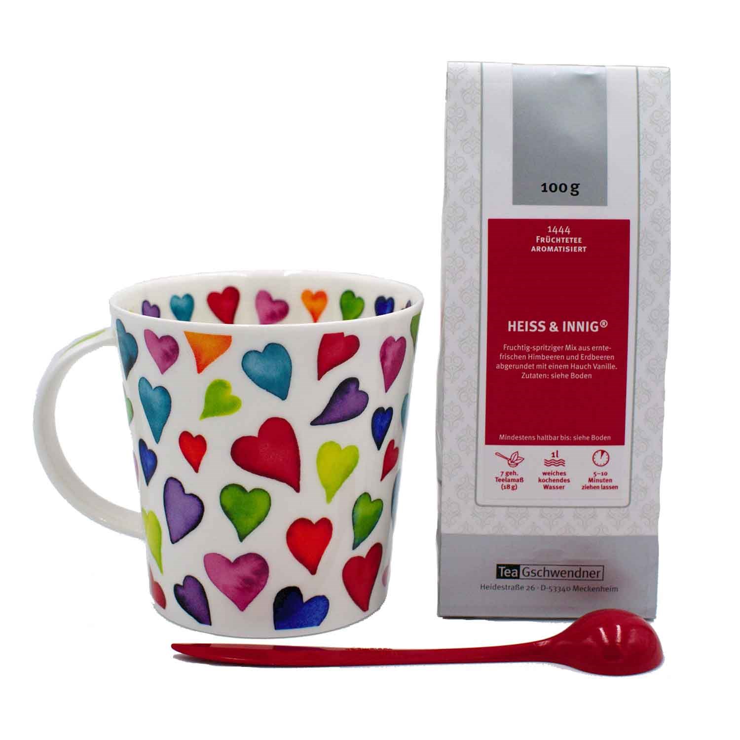 Bunte Herztasse mit Heiss & Innig Früchtetee und Löffel, Becher, Tasse, Kaffeebecher, Herzmotiv, Multicolor