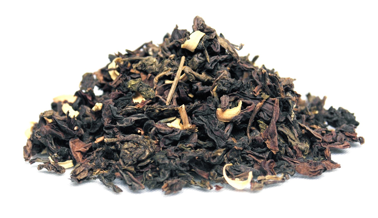 Nahaufnahme von losem Oolong-Tee mit Jasminblüten, Tee-Blätter, loser Tee, schwarzer Tee, getrocknetes Teeblatt, Blätter-Mix