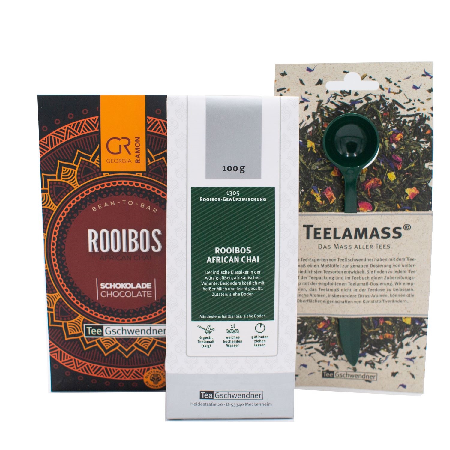 Tee Gschwendner Rooibos African Chai Set mit Schokolade, Rooibos, Afrikanischer Tee, Schoko-Chai, Tee-Set, Maschine TeeGschwendner