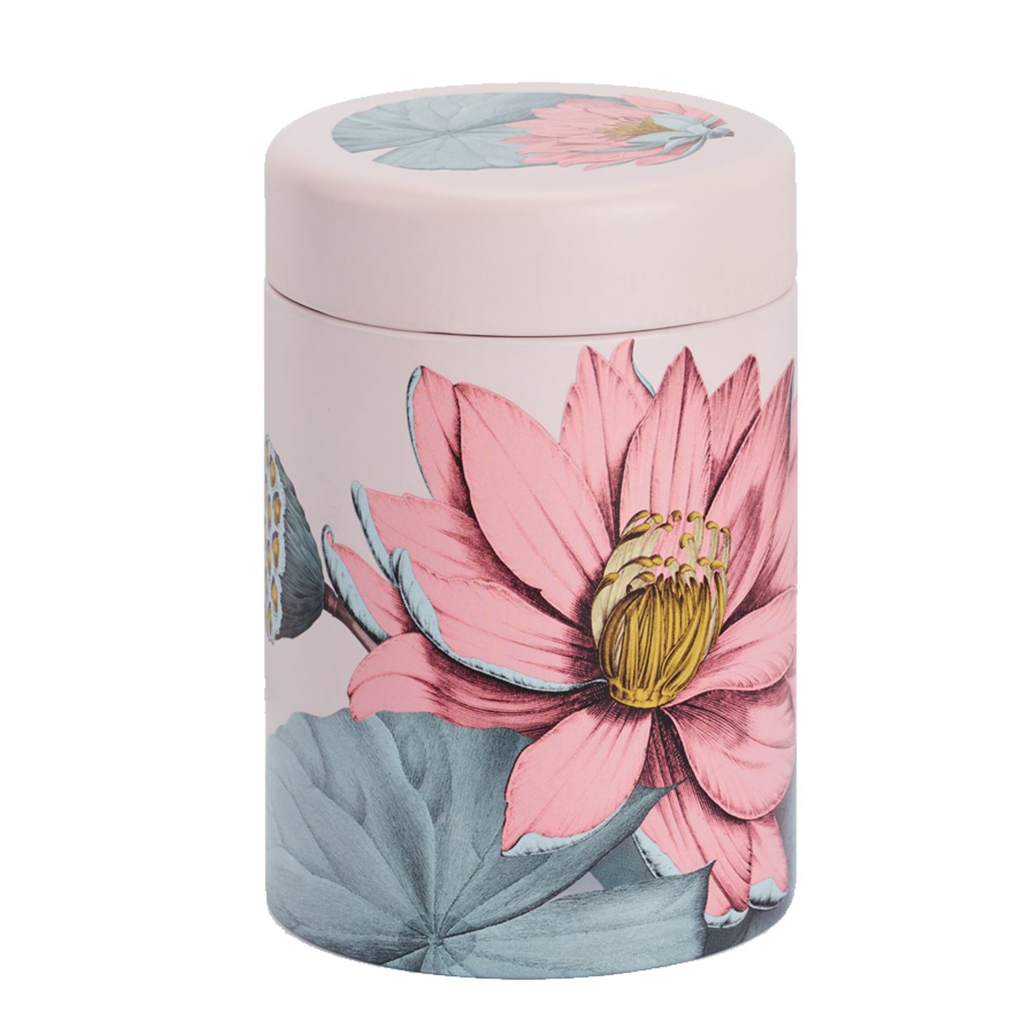 Runde rosa Teedose mit großer Lotusblüte, Stubenbox, Runddose, Blumenmuster, Pink, Metallic-Top