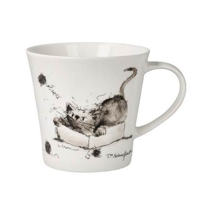 Weißer Porzellanbecher mit gezeichneter Katze in einem Karton und Henkel rechts, cat, kaffeetasse, keramik, weiß, illustration