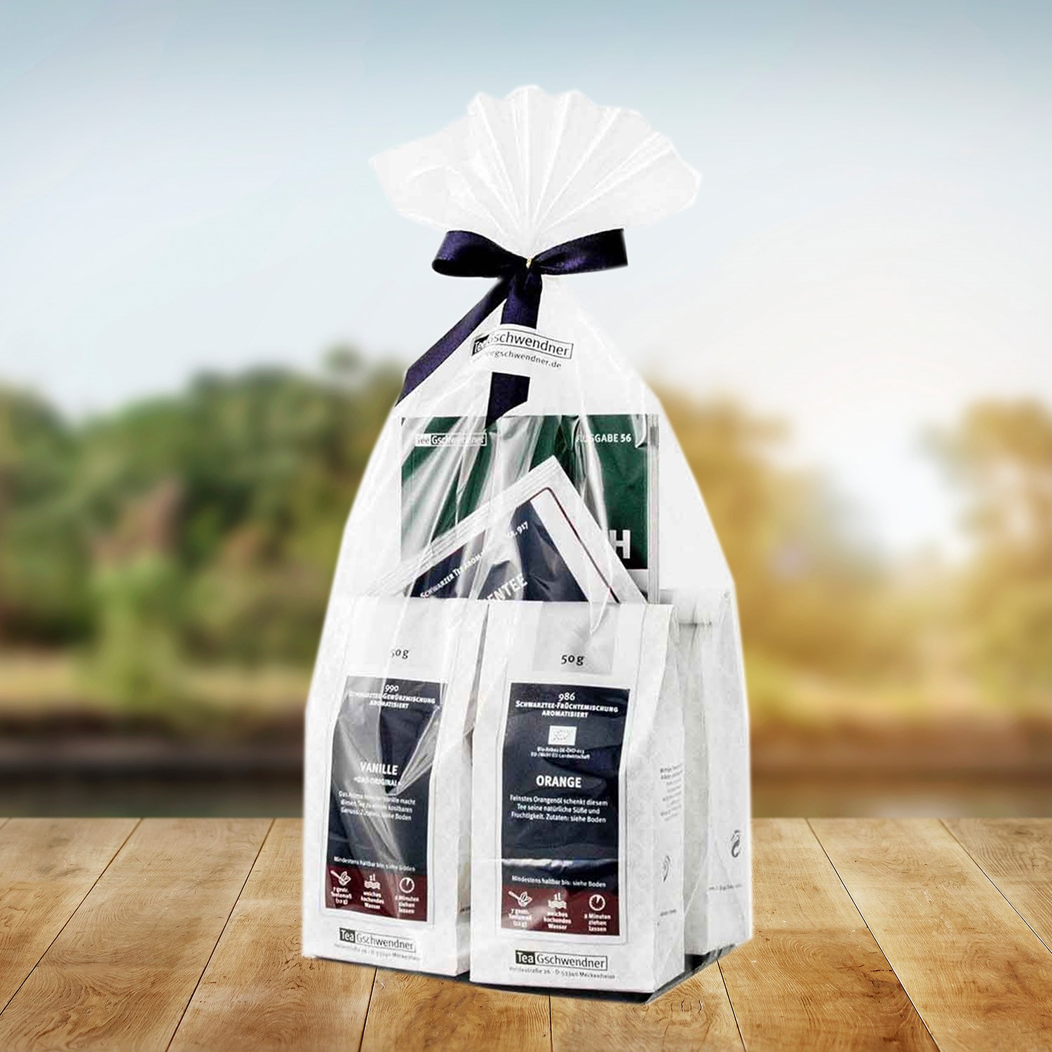 Geschenkset mit TeeGschwendner schwarzem Tee in Folie, tee-set, Geschenkbeutel, Verpackung, variante Tee, Beuteltee
