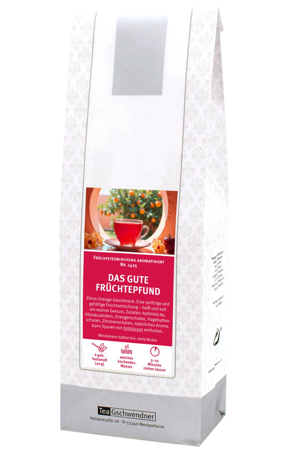 Teepackung Das gute Früchtepfund Zitrus-Orange, Früchtetee, Früchte mischen, Zitrus-Aroma, Tee-Getränk, Verpackungsversion
