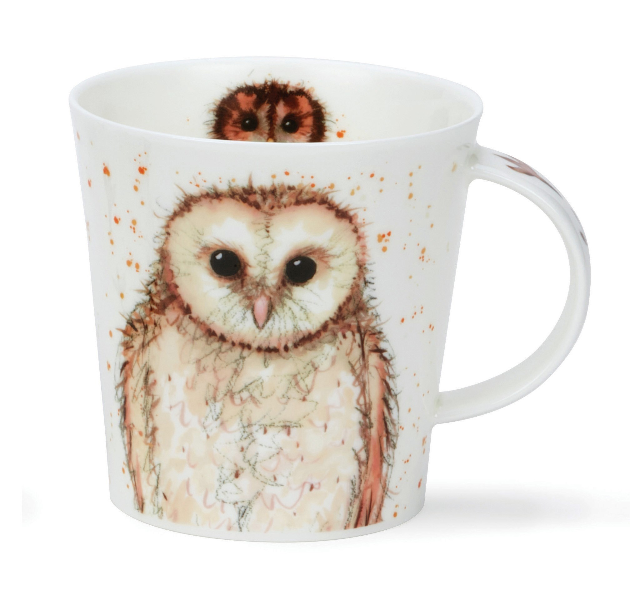 Weiße Porzellantasse mit bunter Eulenillustration, Eulen-Tasse, Keramikbecher, Kaffeemug, Eulen-Illustration, weiße Tasse