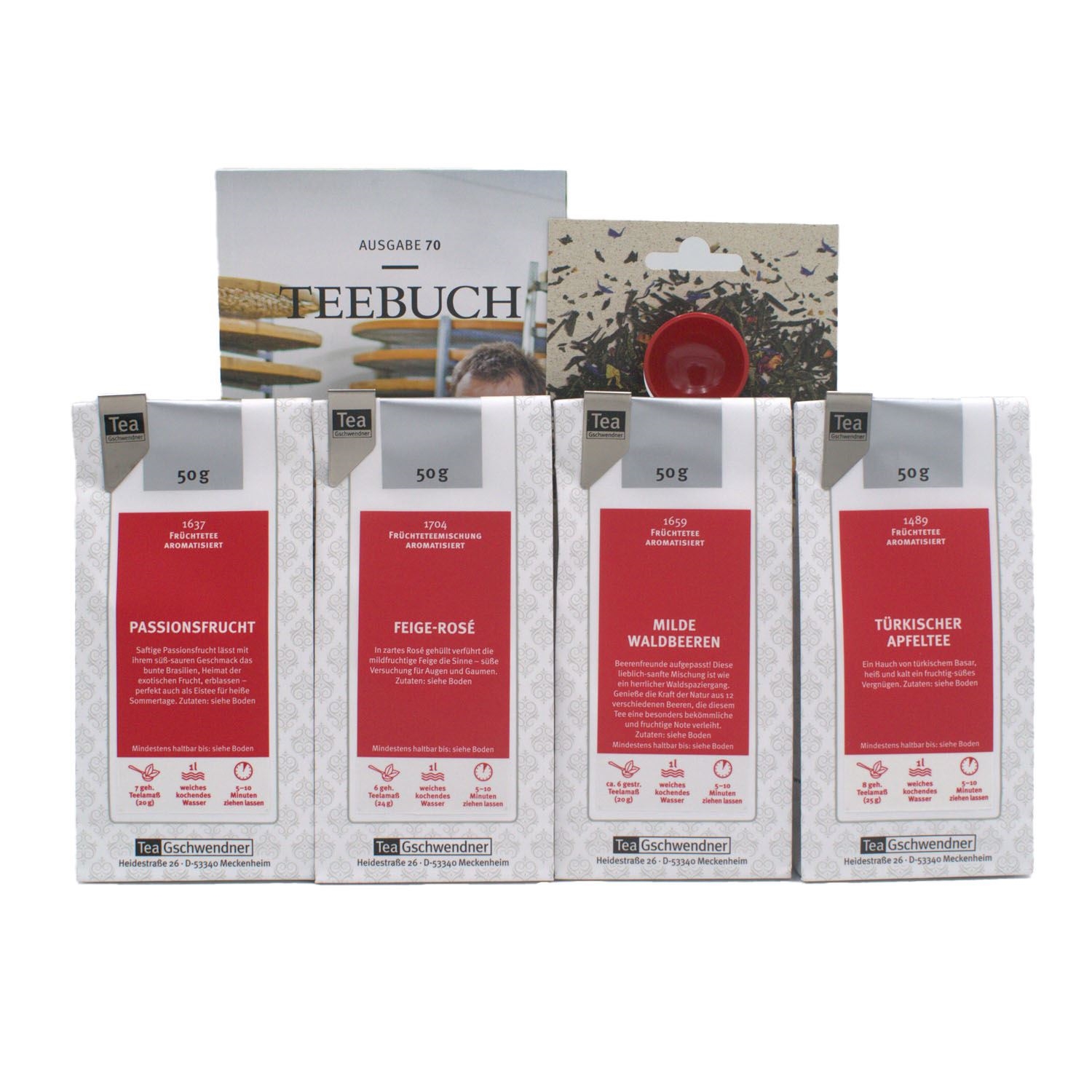 TeaGschwendner Früchtetee-Set mit vier Sorten und Teebuch, Teebeutel, 50 g, Früchtetee, Rosenblüten, Mix