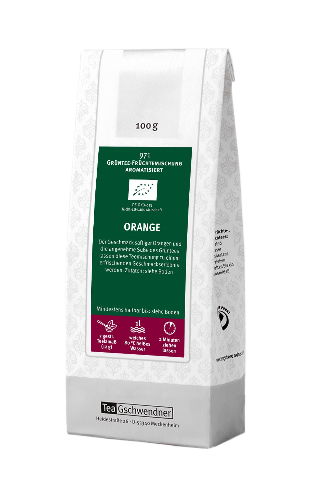 Teepackung Tea Gschwendner Grüntee-Früchtetee Orange 100g Bi, orange, tee, teemischung, 1l, grüner-früchtemischung