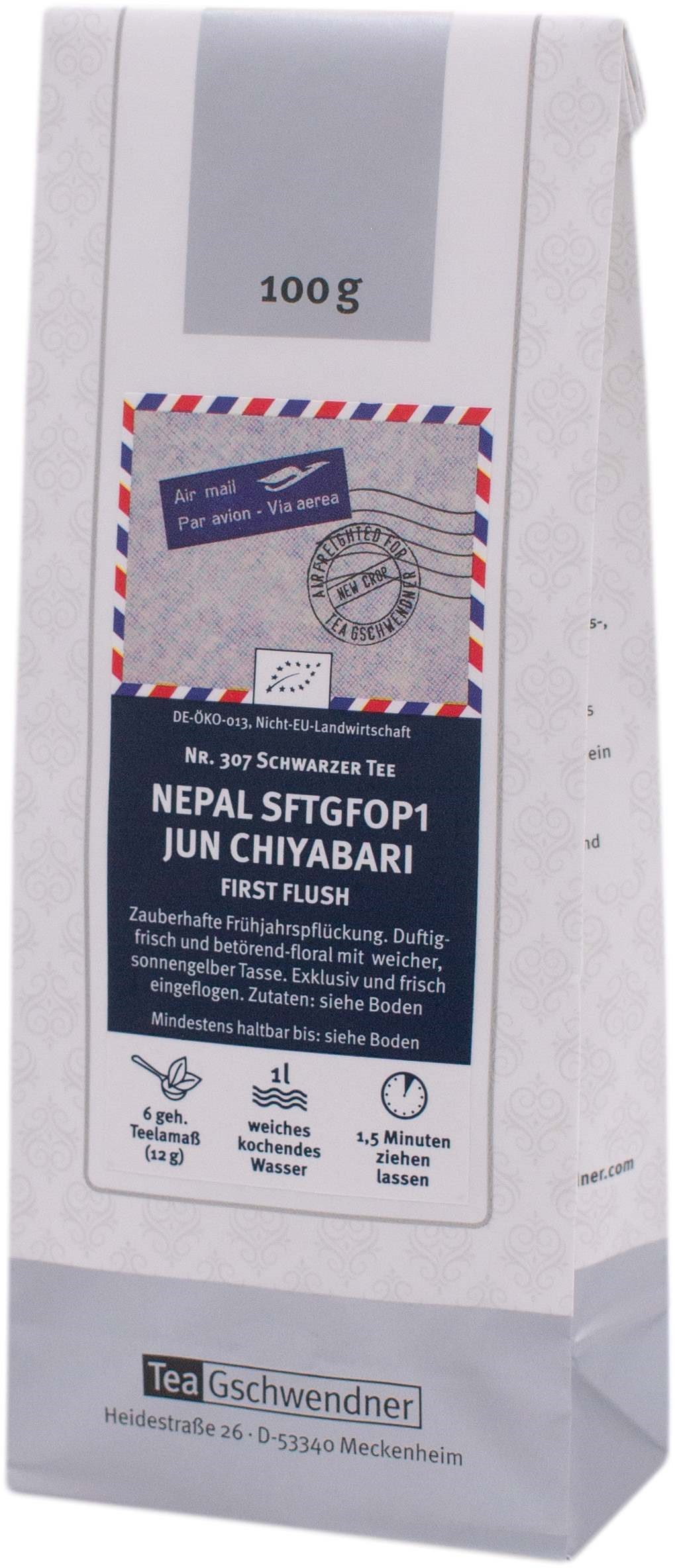 100 g bag of Nepal SFTGFOP1 Jun Chiyabari First Flush air-freighted tea, fresh floral organic black tea from Nepal
