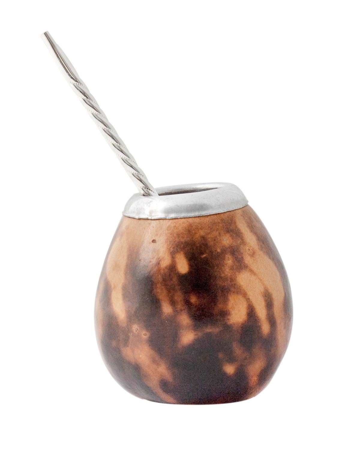 Brauner Kalebassen-Matebecher mit Metallstrohhalm, Kupfer Becher, Metallstrohhalm, Tropfenform, Tumbler, Kaffee-Mate