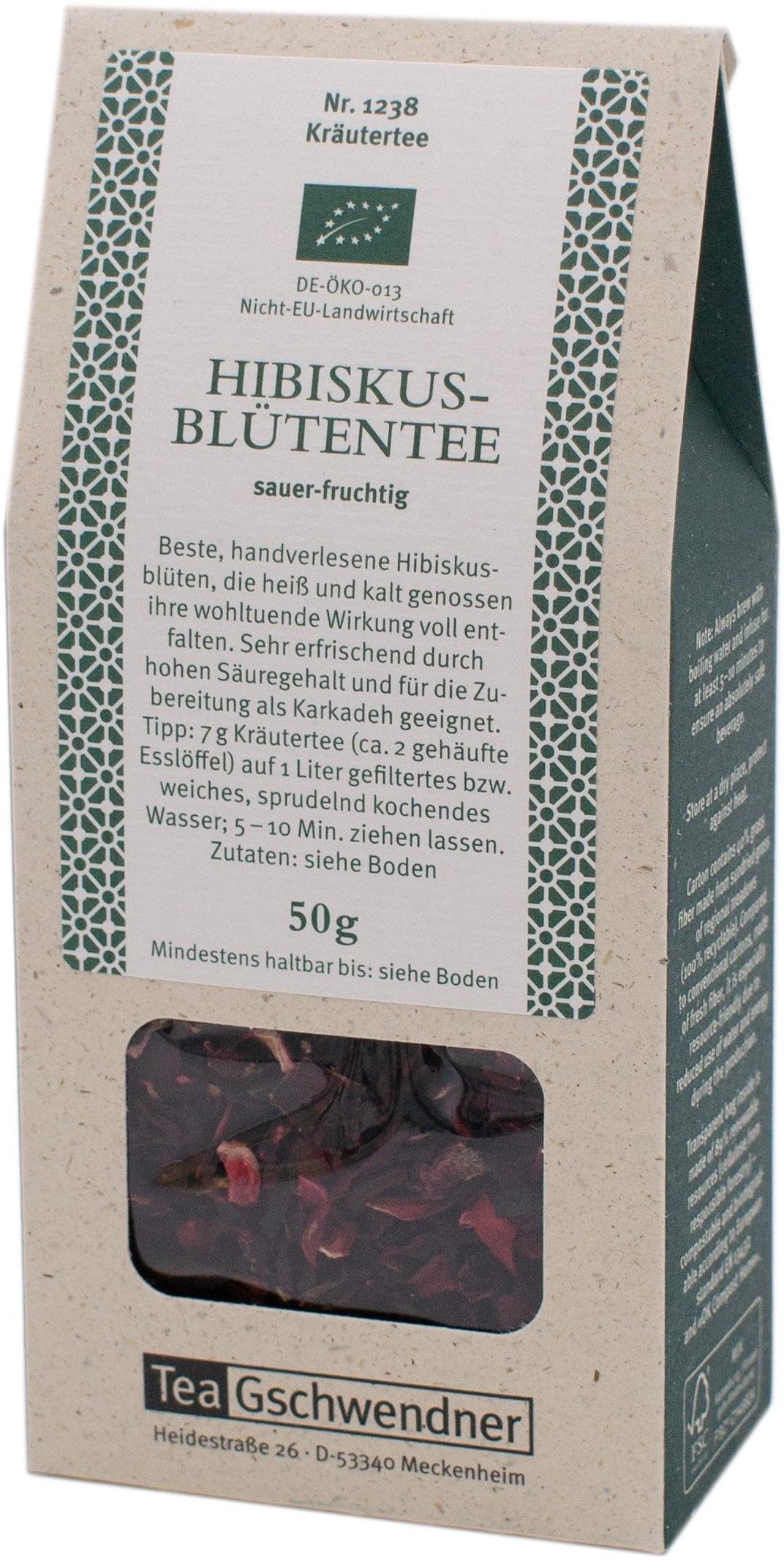 Packung Hibiskusblütentee 50g von Tea Gschwendner, Kräutertee, Hibiskus, Blütentee, 50 g, Kartonverpackung