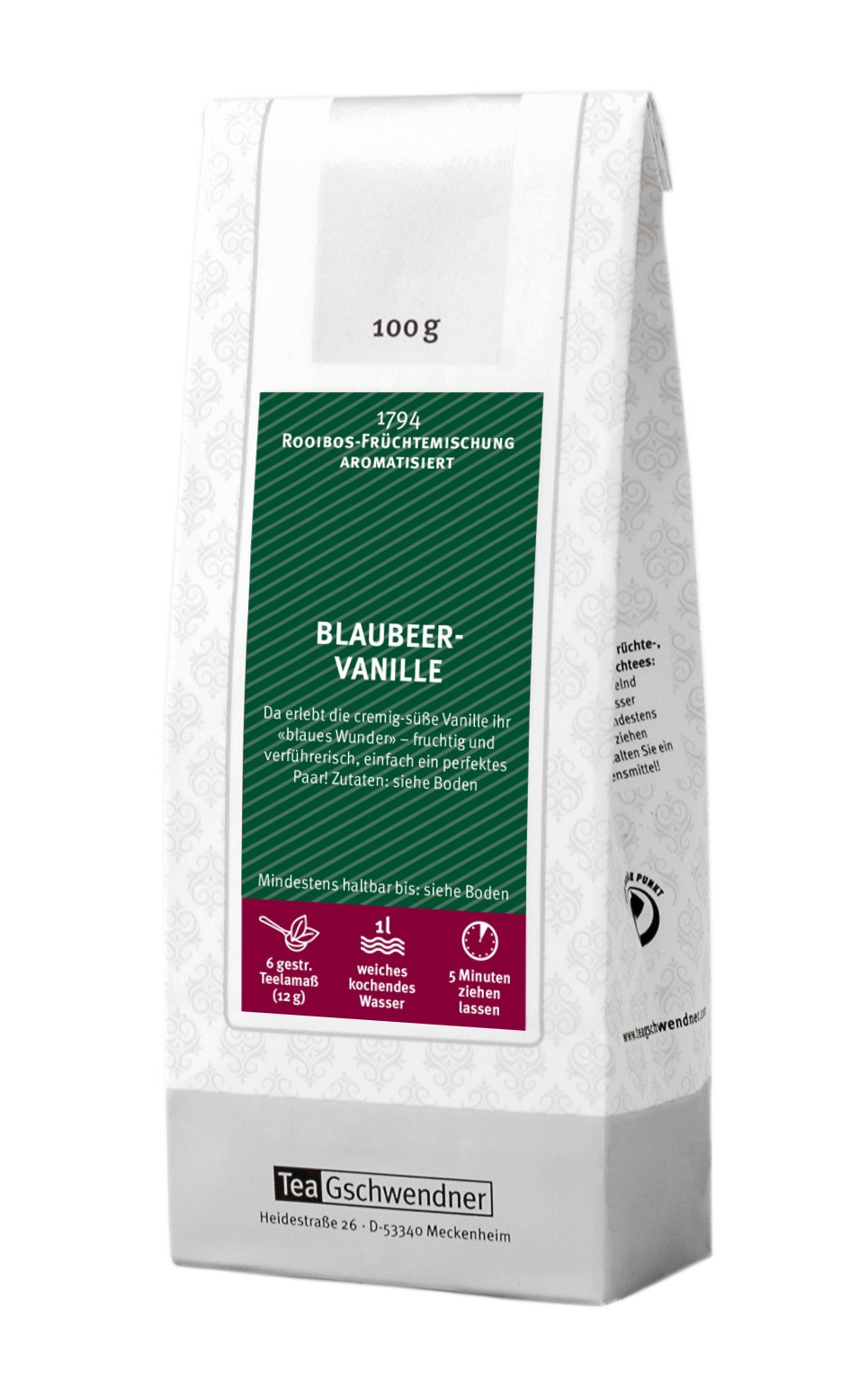 Teegschwendner Blaubeer-Vanille Rooibos Früchtemischung 100g, Blaubeer, Vanille, Teemischung, Rooibos, Früchtetee