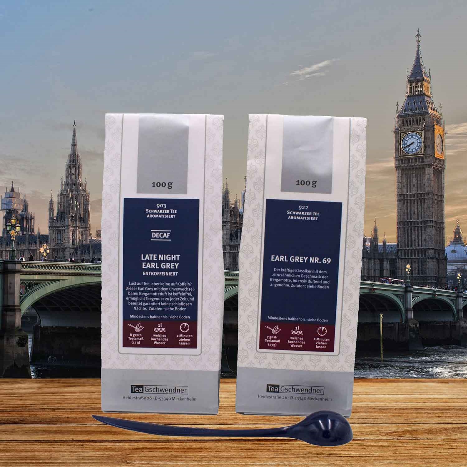 Zwei Earl Grey Tees von TeaGschwendner vor Big Ben, tee, tee, pack, 100 g, earl grey
