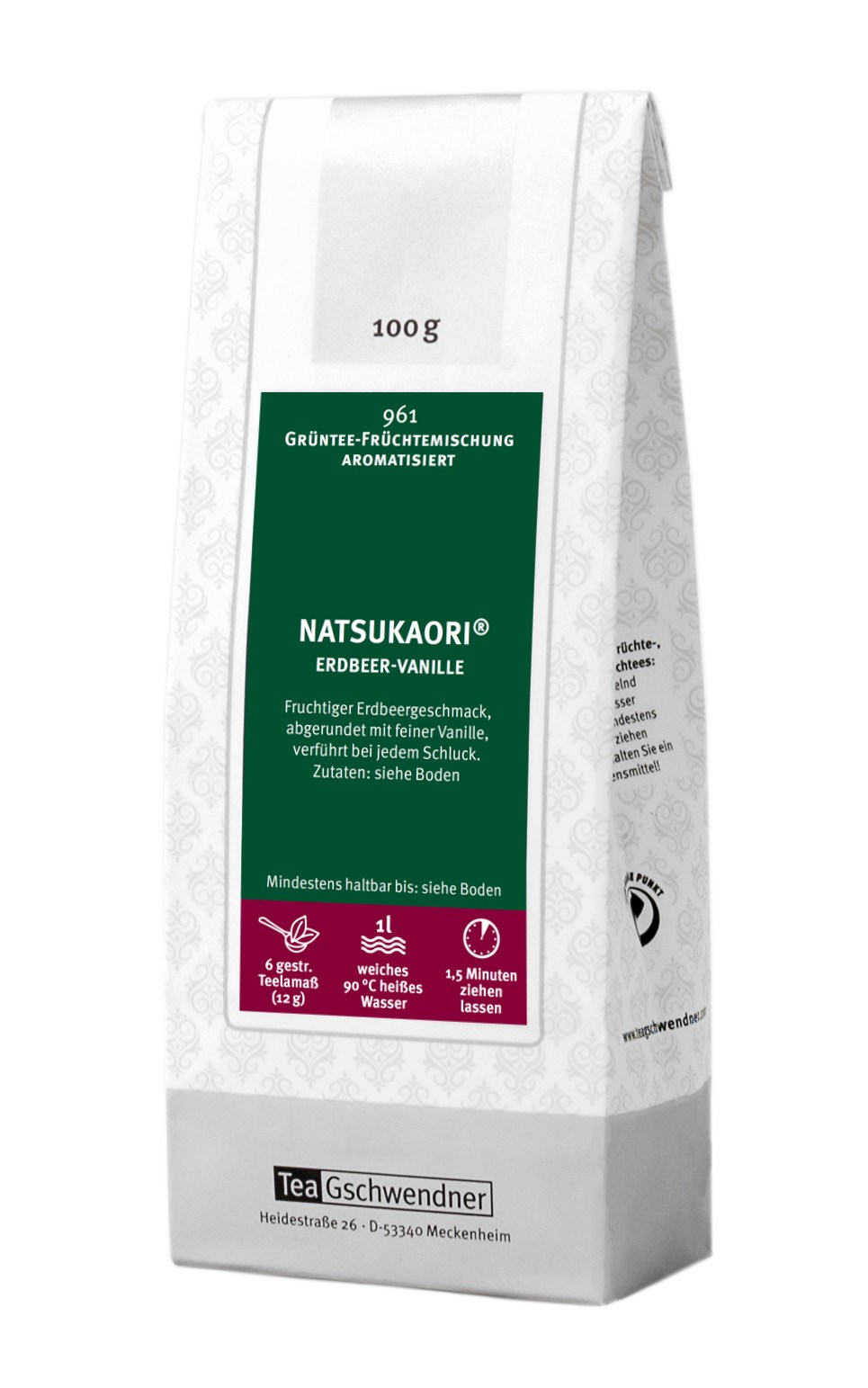 Teegschwendner Natsukaori Grüntee Erdbeer-Vanille 100g, Grüntee-Fruchtmischung, Erdbeer-Vanille, Früchtetee, Teebeutel, 1 l