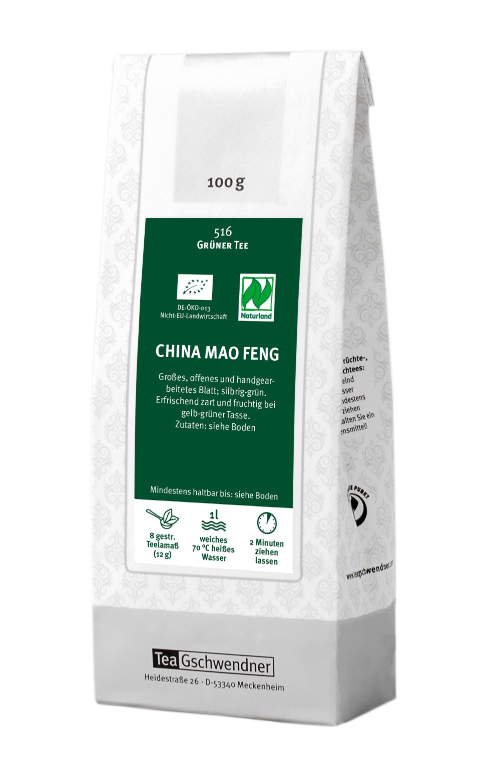 TeaGschwendner China Mao Feng Grüner Tee, 100g Packung, China Mao Feng, Grüner Tee, 100 g, Tee Beutel, Naturals
