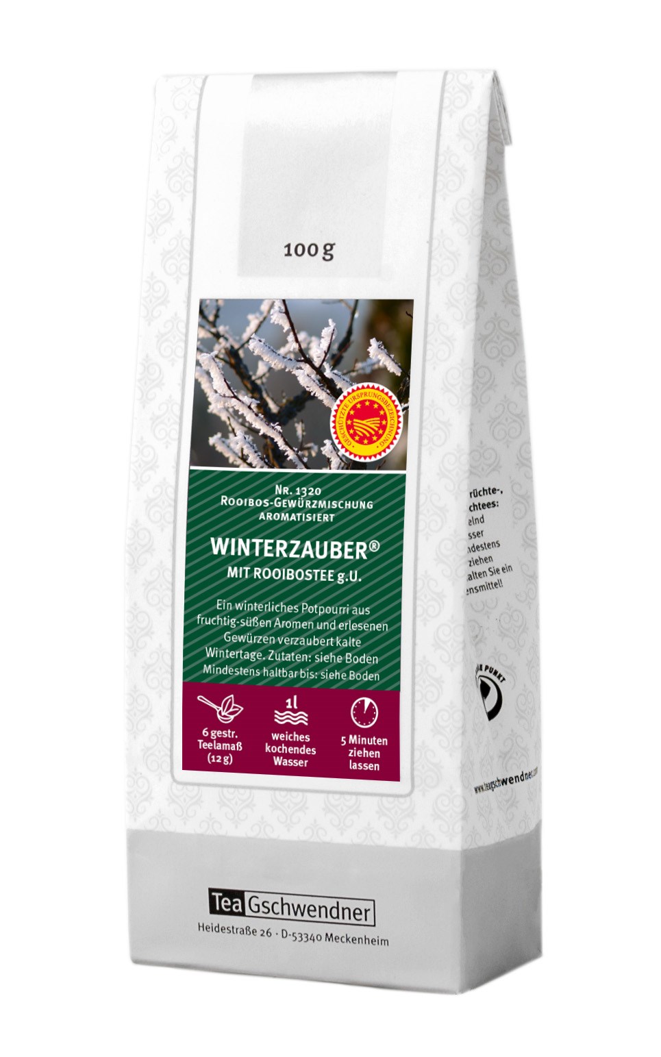 Teepackung TeaGschwendner Winterzauber Rooibos 100g, Tee, Wintertee, Rooibos, Gewürzmischung, 100 g
