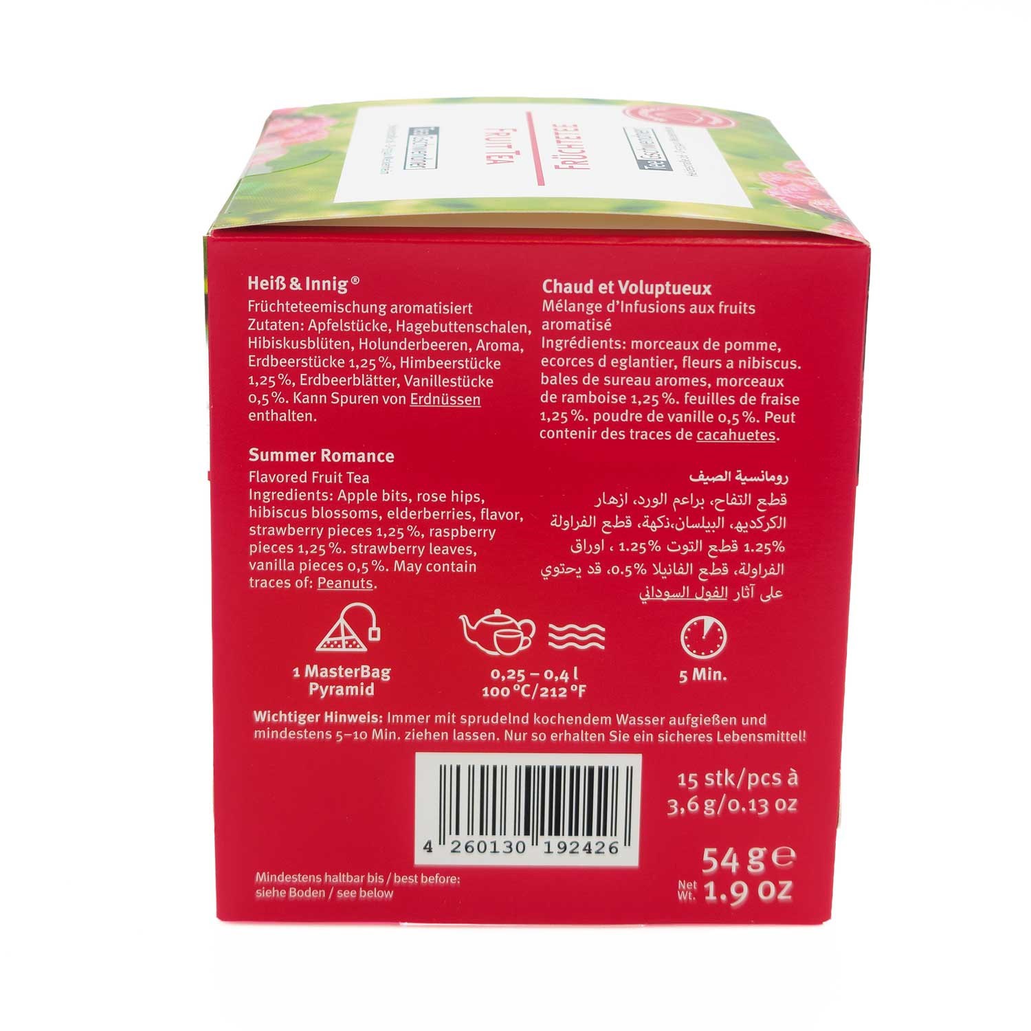 Rote Teekanne Summer Romance Früchtetee-Packung Rückseite, Früchtetee, Fruchttee Mischung, Kräutertee, Rosenhipps, Kastenverpackung