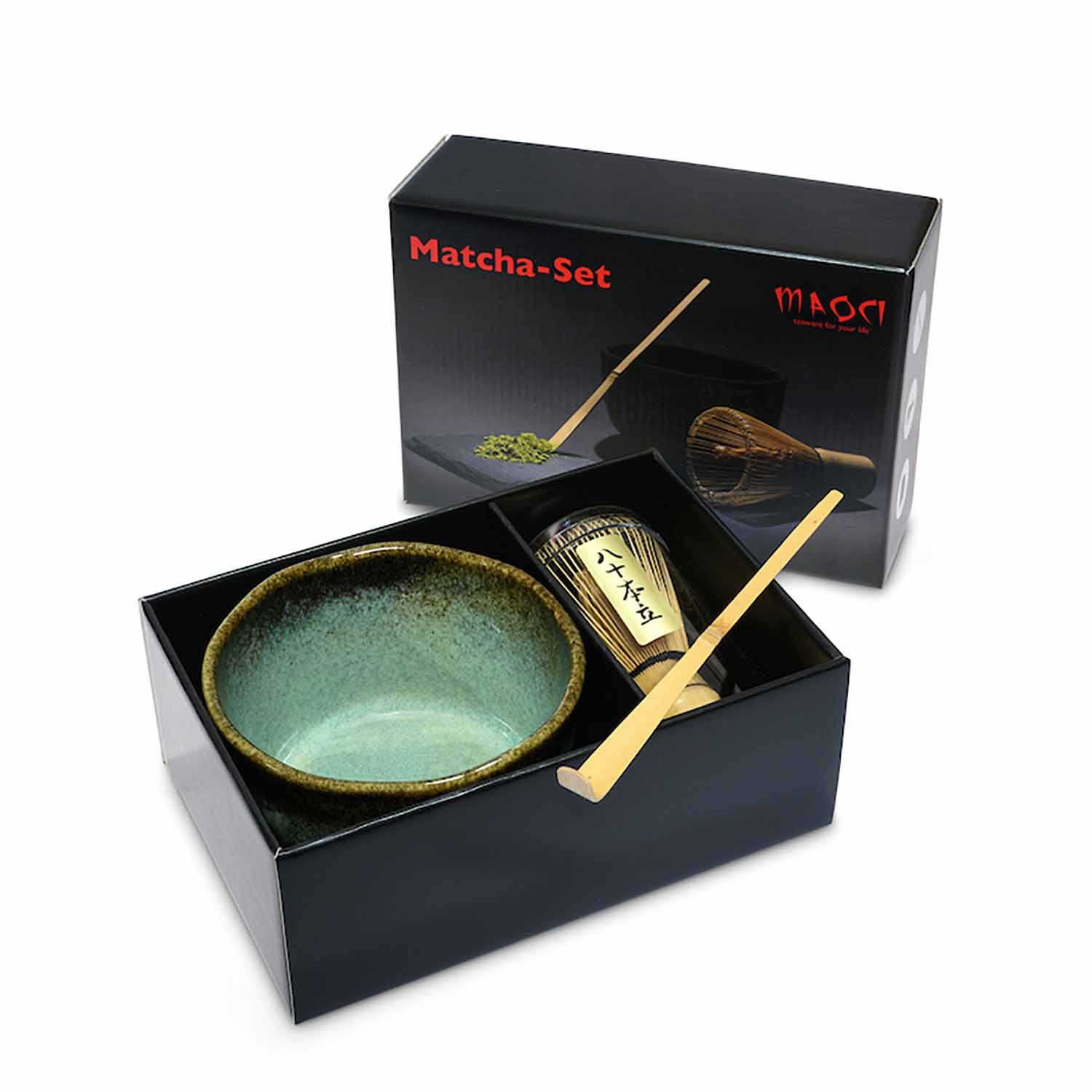 Edles Matcha-Set mit Schale, Bambusbesen und Löffel, Matcha-Set, Teeschale, Chawan, Whisk, Bambuslöffel