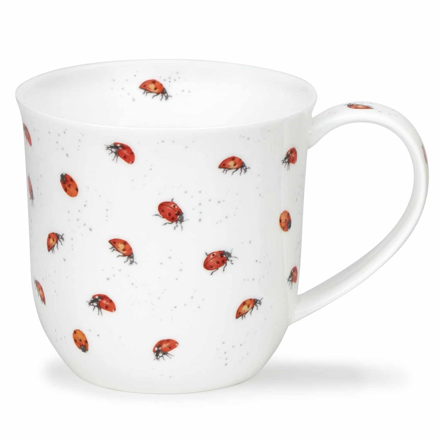 Weiße Tasse aus Porzellan mit roten Marienkäfern, Tasse, Kaffeebecher, Eieru Pattern, Marienkäfer Muster, weiße Keramik