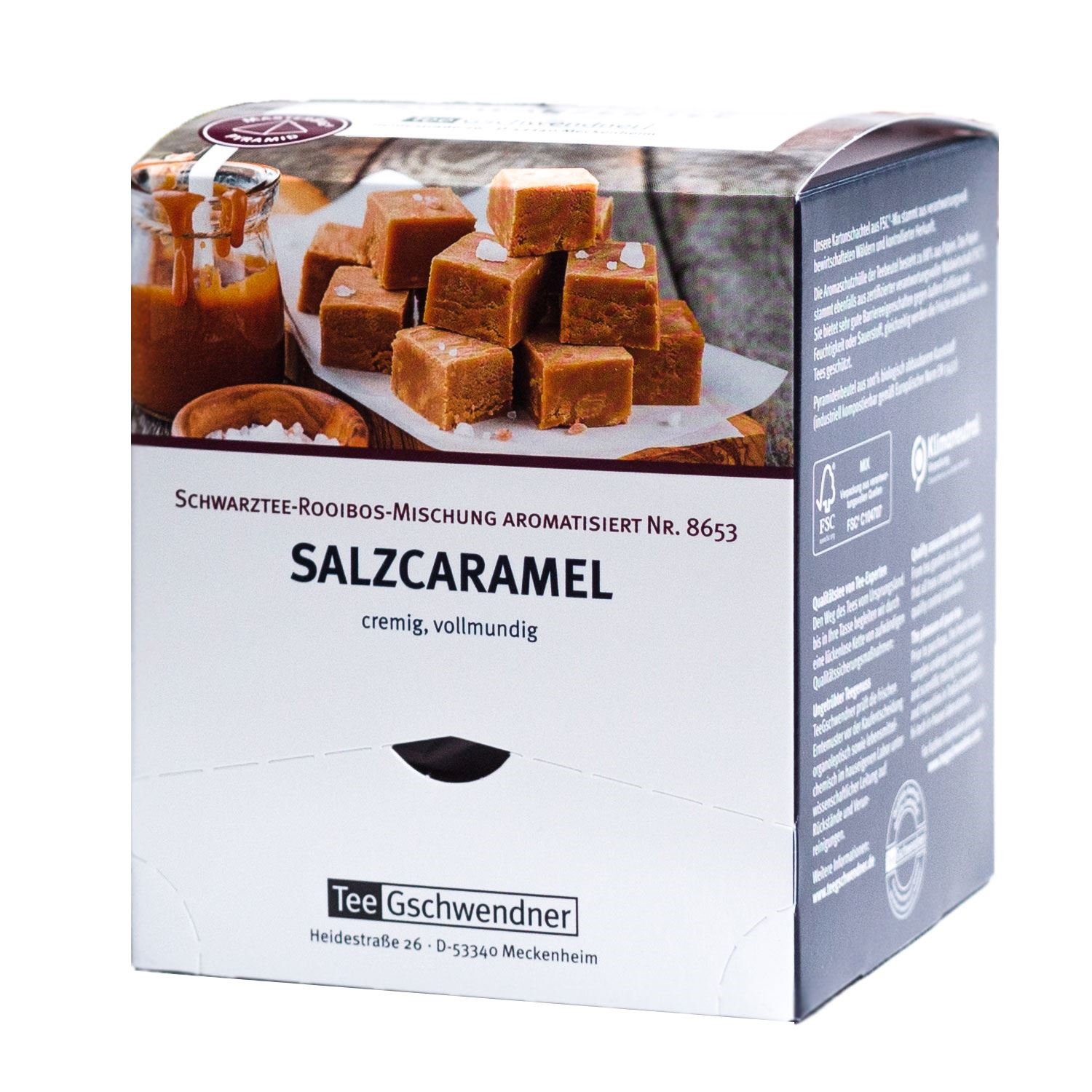TeeGschwendner Schwarztee-Rooibos Salzcaramel Packung, Salzkaramel, Karamell, Schwarztee-Rooibos, Mürbe, Stückchen