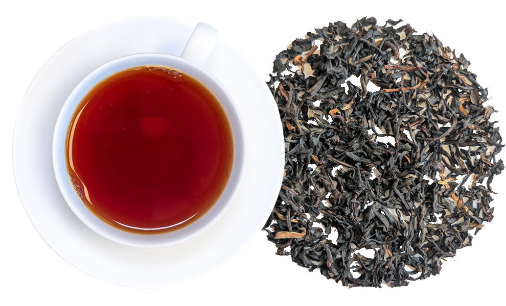 Tasse mit schwarzem Tee und daneben lose Teeblätter, Schwarztee, Tee, Lose-Blätter, Roter Aufguss, Teekachel