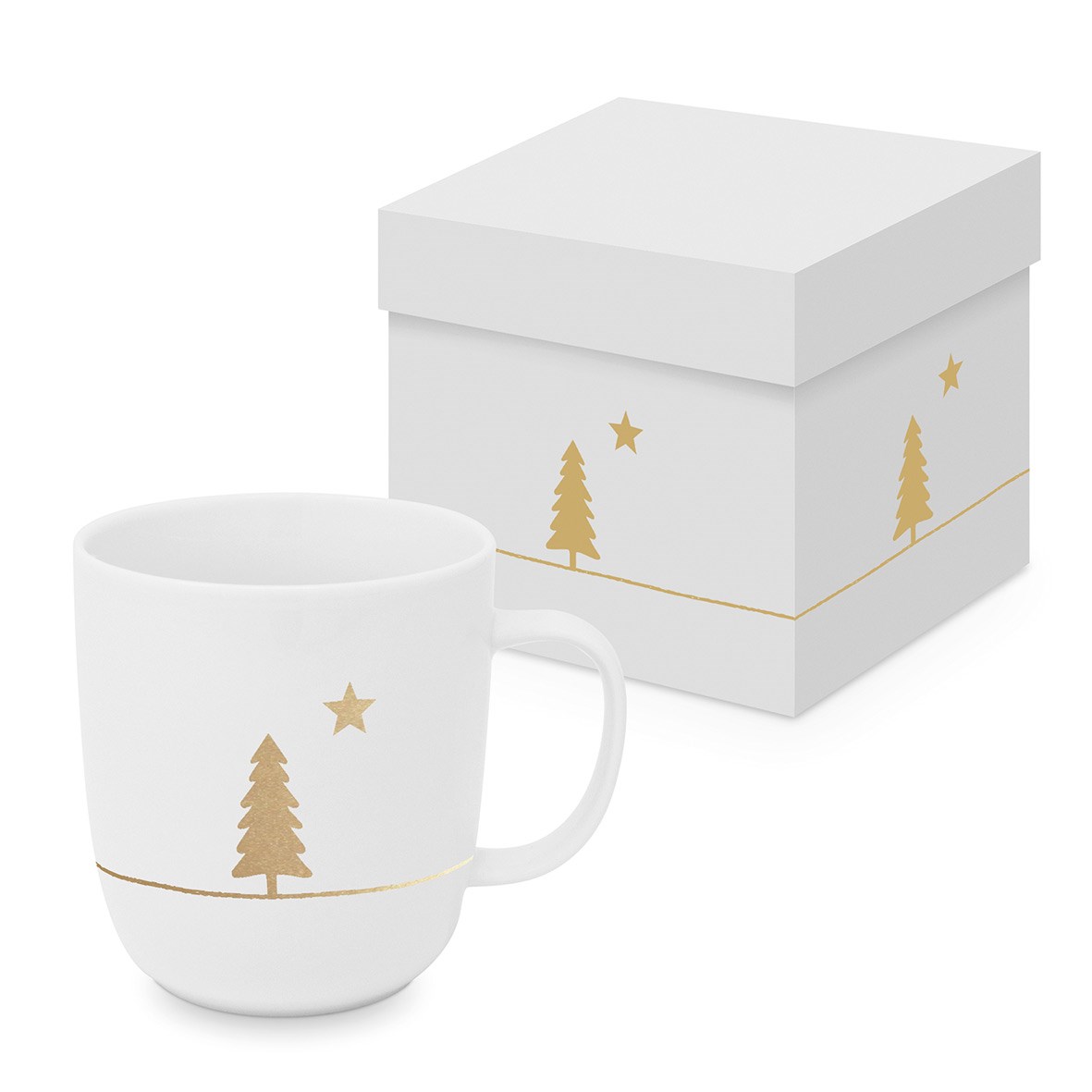 White Christmas mug with gold design and gift box