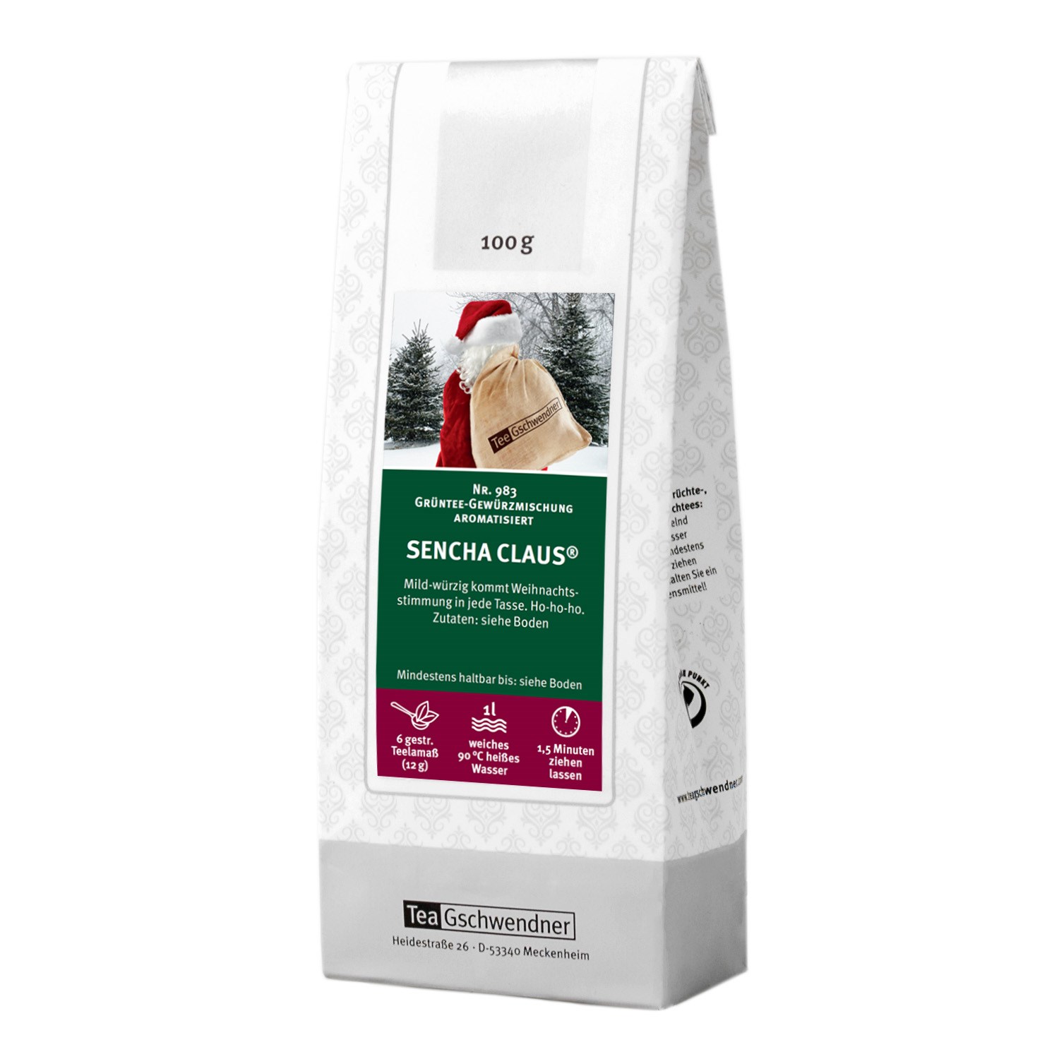 Teepackung TeaGschwendner Sencha Claus Grüntee 100g, Teemischung, Grüntee, Gewürztee, Weihnachtsdesign, 100 g Verpackung