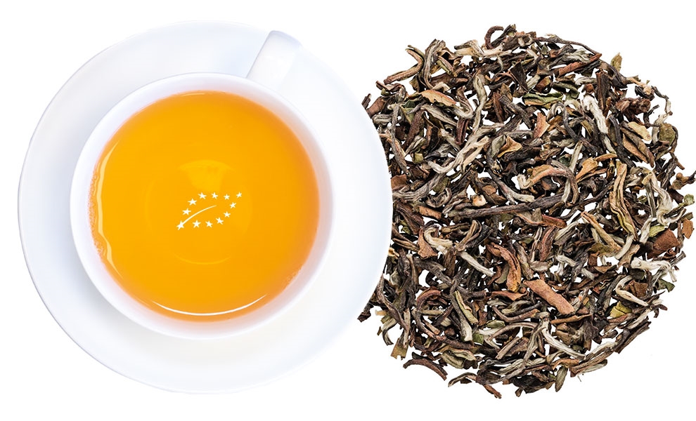 Weiße Tasse Darjeeling-Tee neben losem Blatttee, tee, tee_blatt, getrockneter_tee, honigtee, grüner_tee, kandierte_blätter