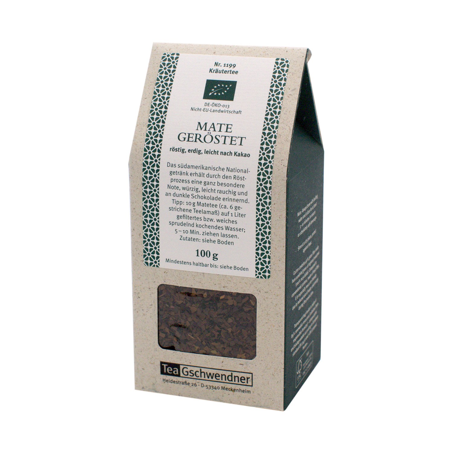 Tea Gschwendner Mate geröstet Kräutertee 100g Packung, Kräutertee, Mate, Lose Blätter, 100 g, Teeverpackung