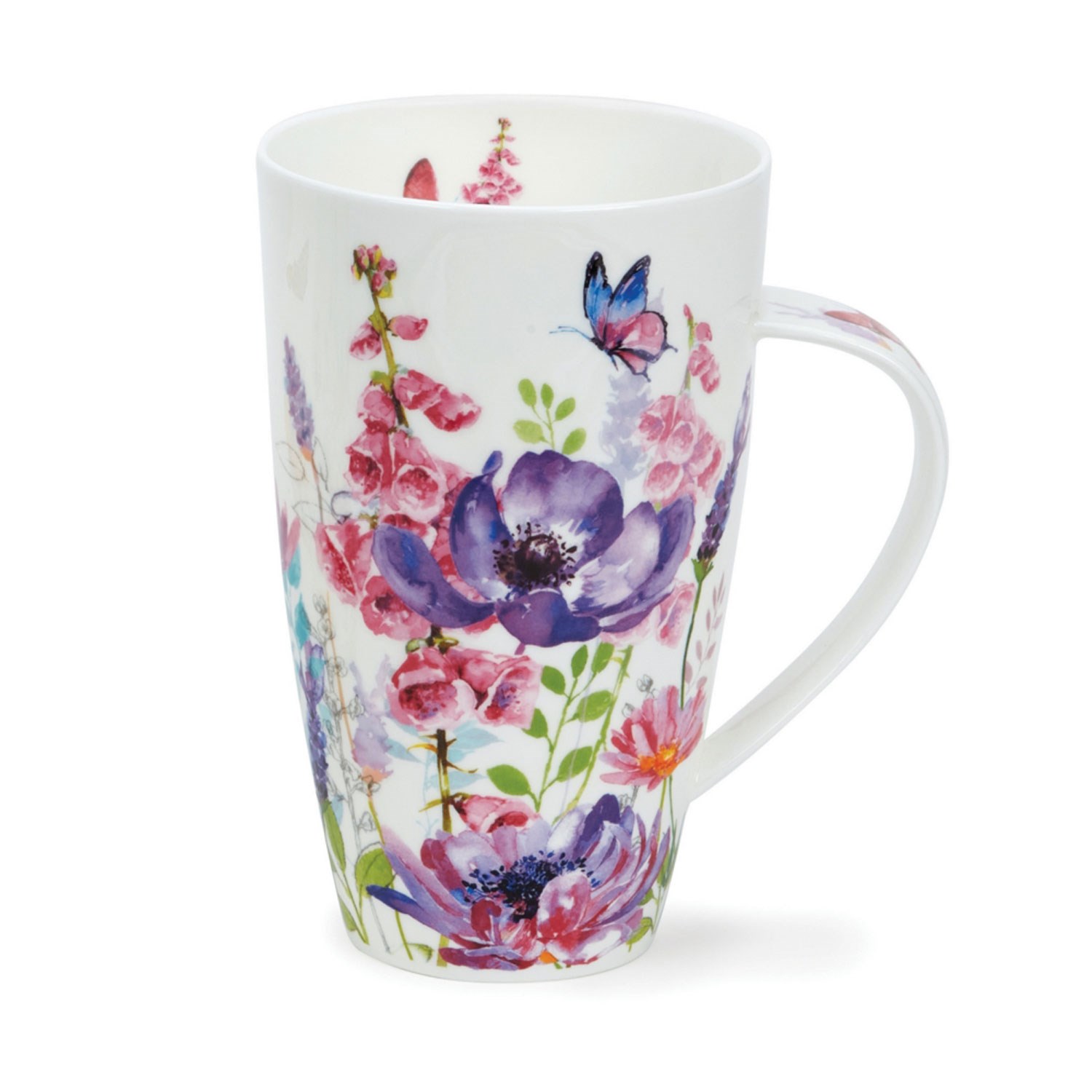 Tall porcelain mug with vibrant flower pattern and butterflies on a white background