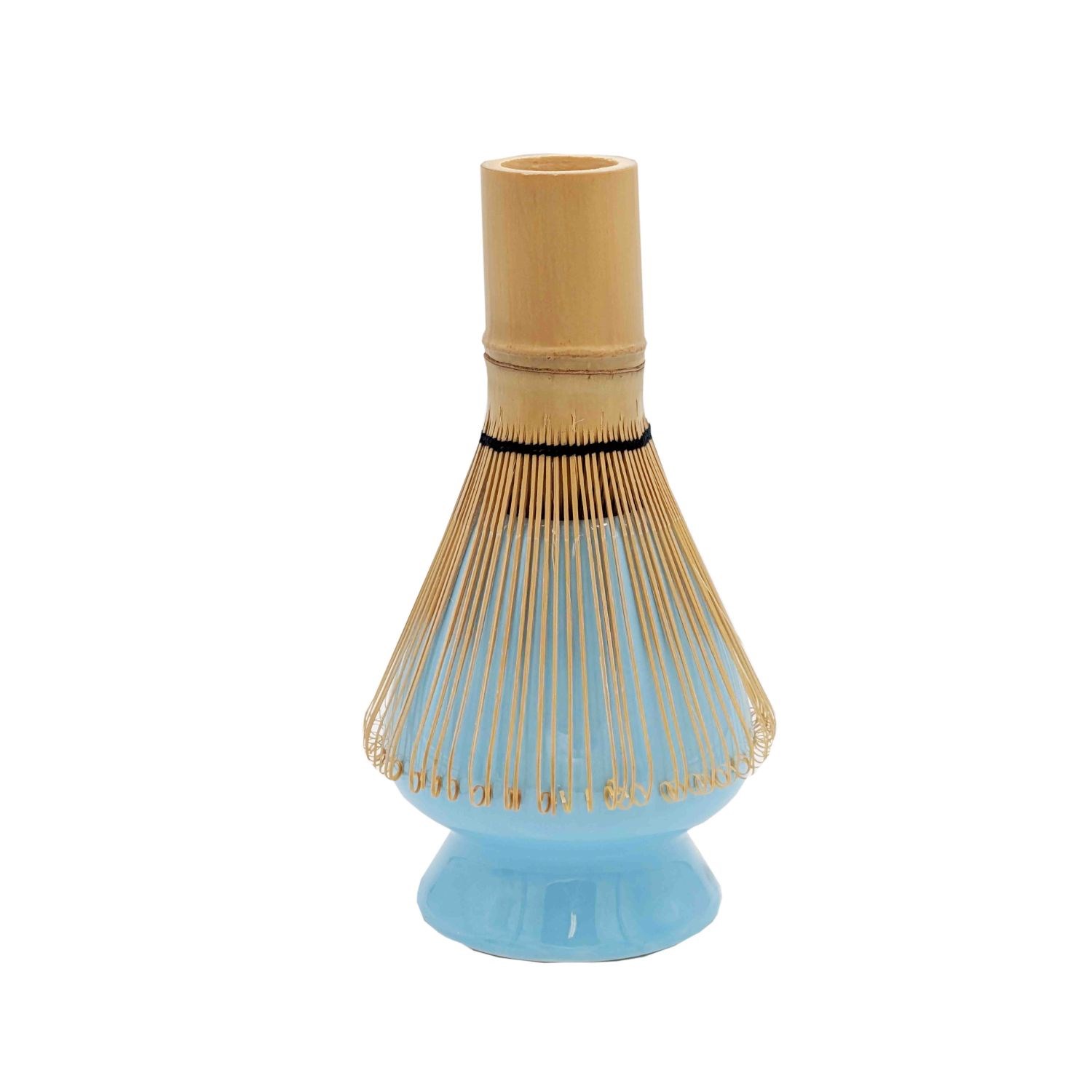 Bambus Matcha-Besen auf blauem Keramikhalter, Bambus-Whisk, Matcha-Besen, Tee-Besen, Keramikbasis, blaues Griffstück