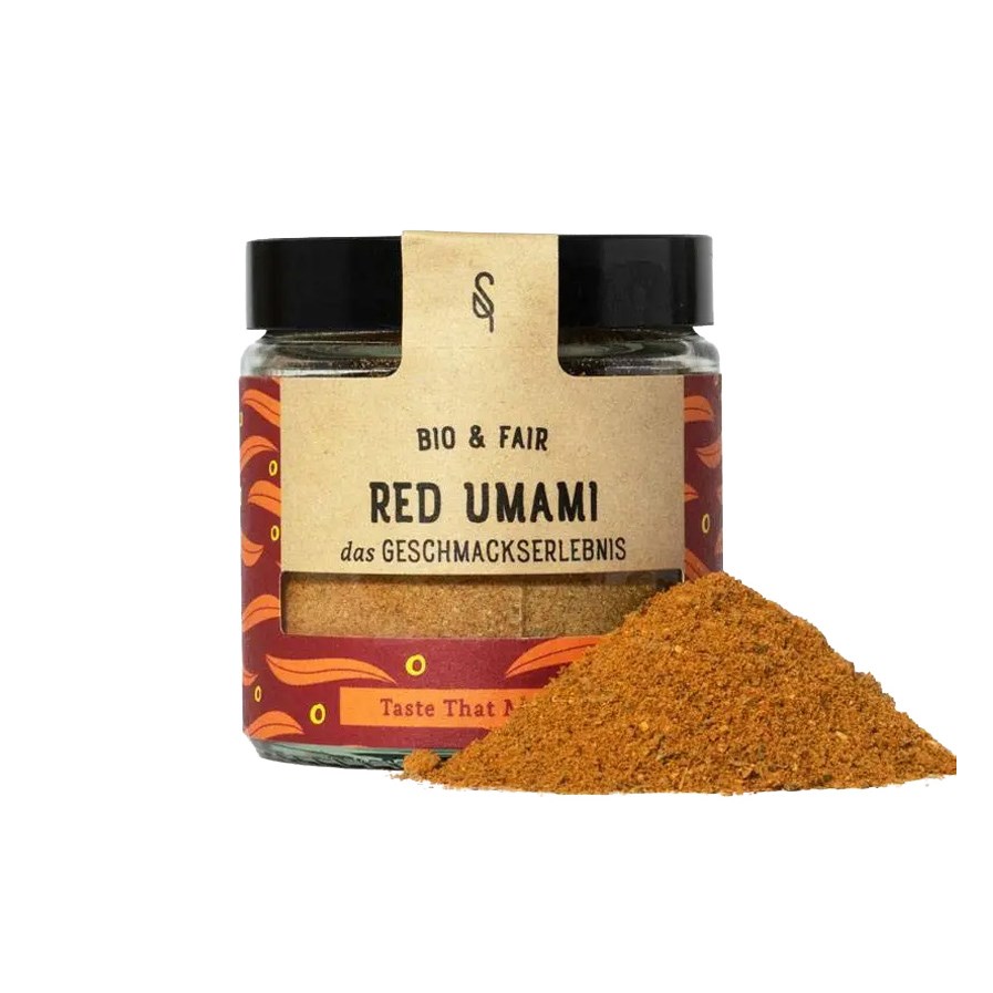 Jar of SoulSpice Red Umami Organic 50 g with a pile of umami spice blend made from tomato, porcini and shiitake