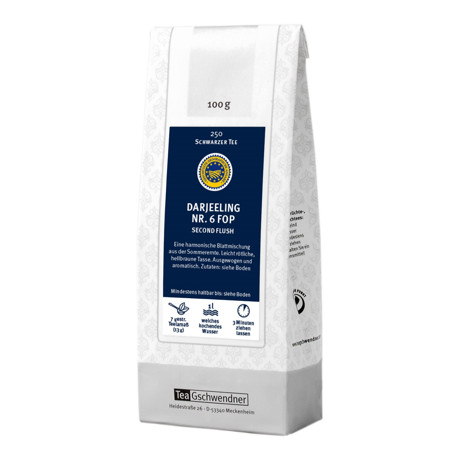 Packung TeaGschwendner Darjeeling Nr. 6 FOP 100g, Schwarztee, Darjeeling, Second Flush, 250 g, Teebeutel袋