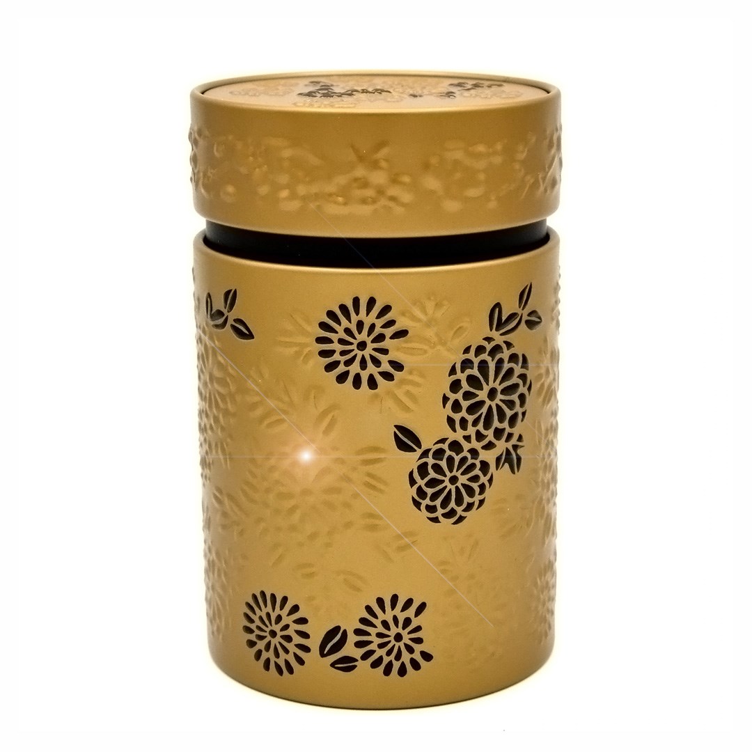 Goldene Teedose aus Metall mit floralem Muster, Kerze, goldene Farbe, Blütenausschnitt, muster tin, Deckel enthalten