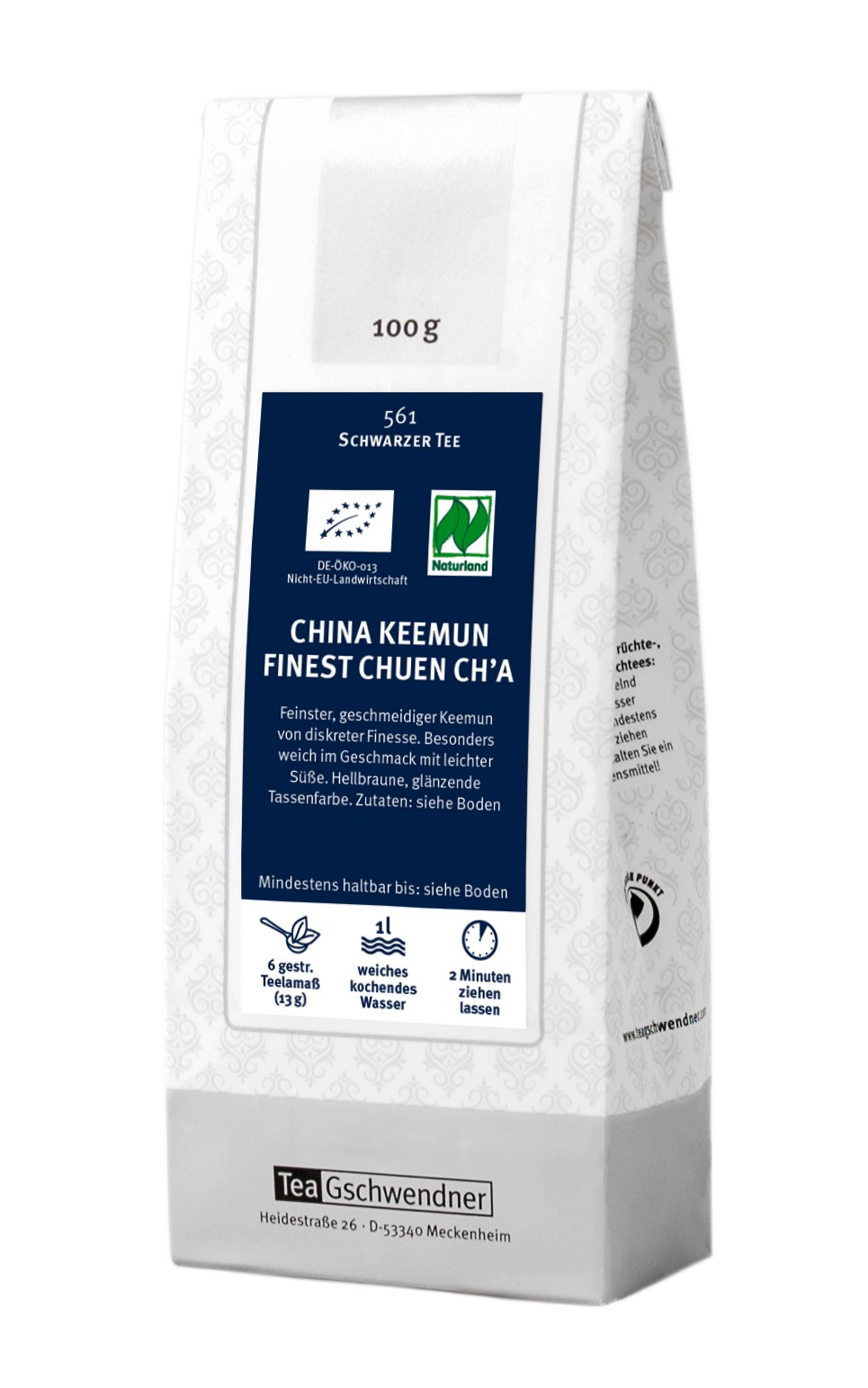 Teepackung TeaGschwendner China Keemun Schwarzer Tee 100 g, Schwarztee, China Keemun, Teepackung, 1 l, Feinste Keemun