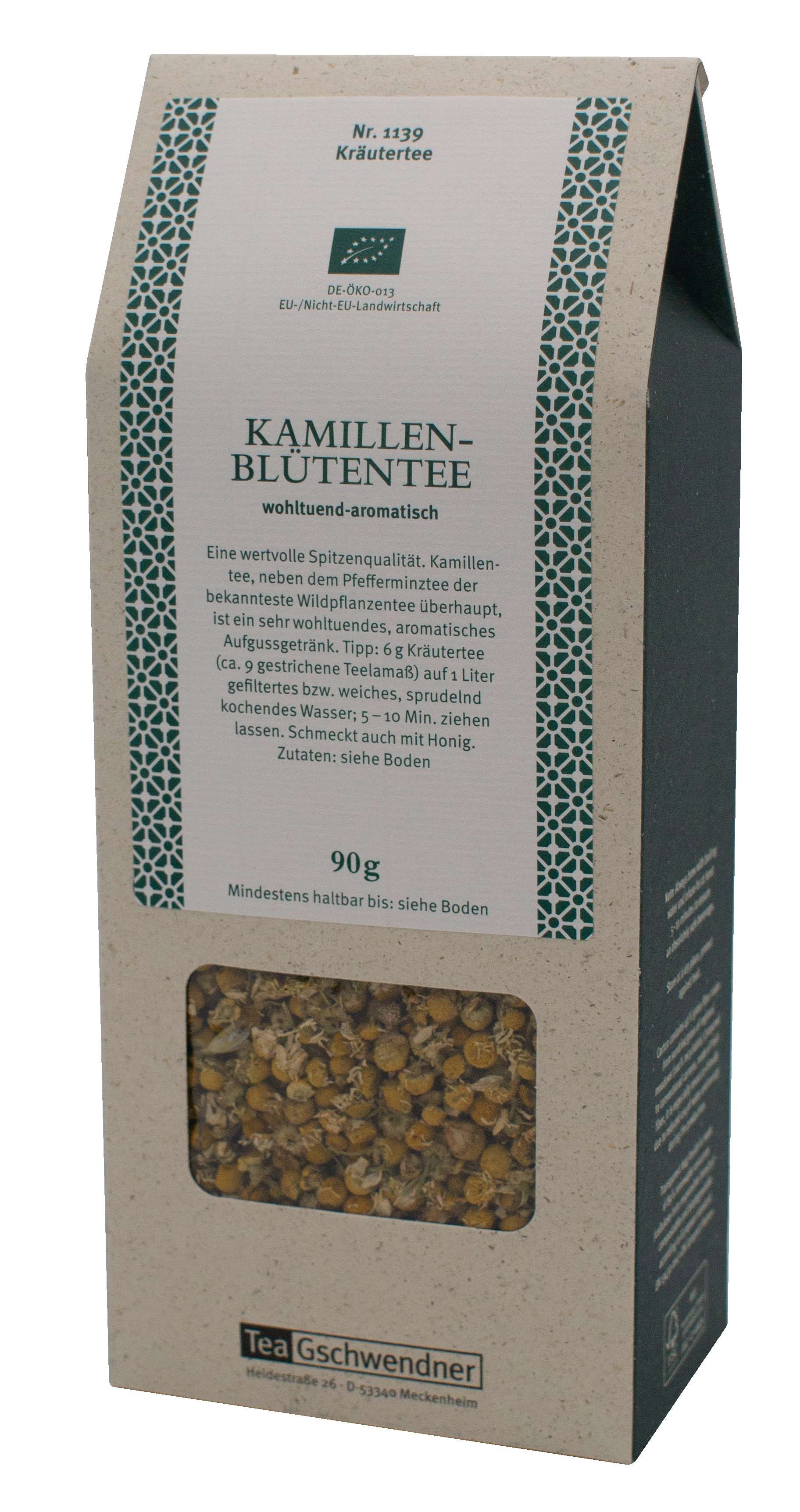 Verpackung TeeGschwendner Kamillenblütentee Bio 90g, Kamillentee, Kräutertee, 90 g, Kamilienblütentee, Teemischung