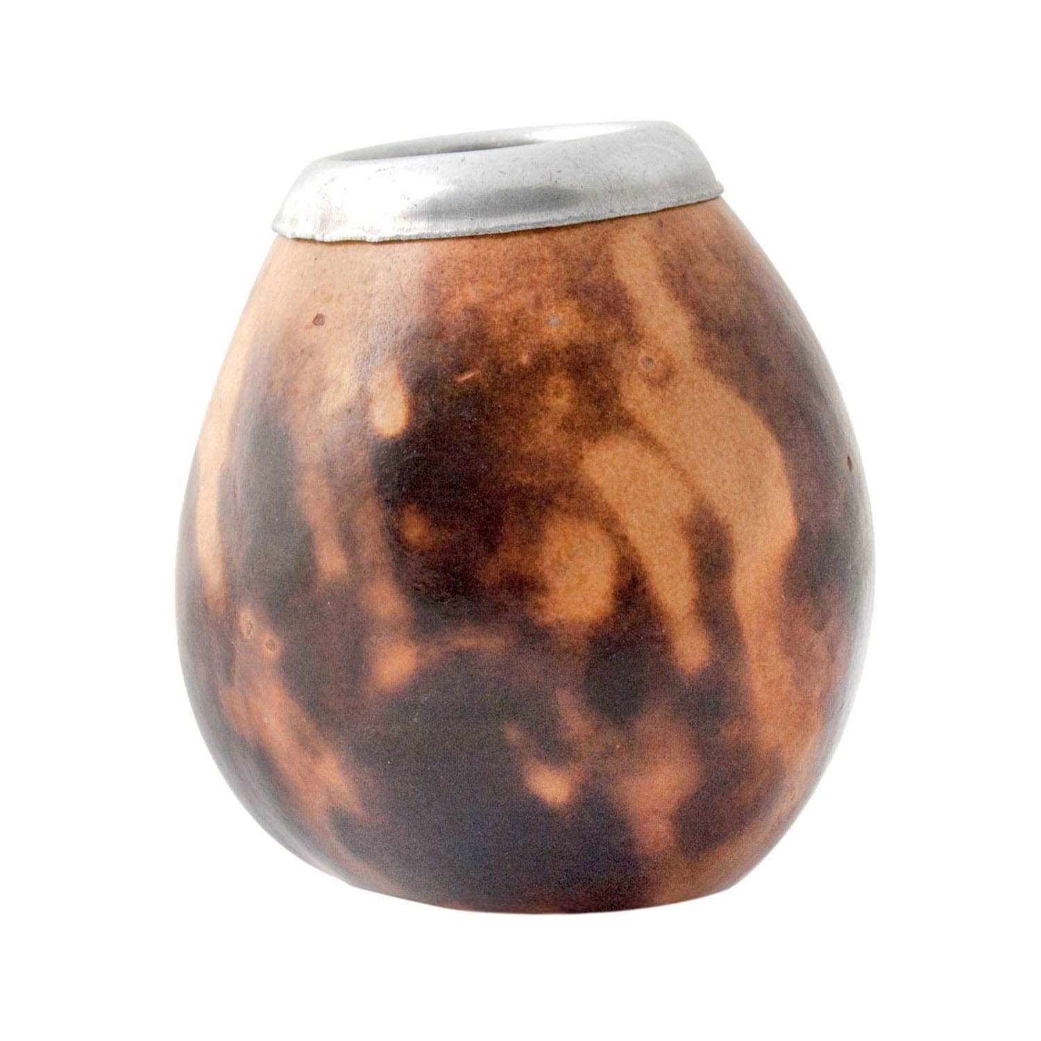 Runder Mate Becher aus Kalebasse mit Metallrand, tumbler, keramik, becher, braun marmoriert, deckel aus titan