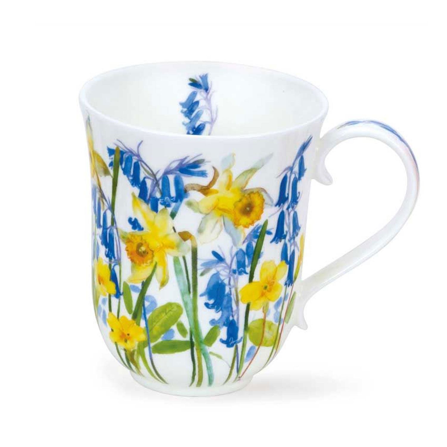 Weiße Porzellantasse mit gelben Narzissen und Blumen, Becher, Keramik, Blumenmuster, Blau-Gelb, Griff