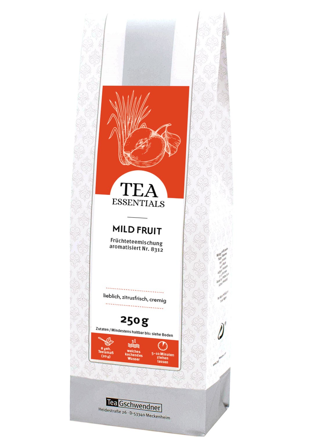 Früchteteemischung, Milder Fruchttee, Aromatisierter Tee, 250 g, Gemusterte Verpackung