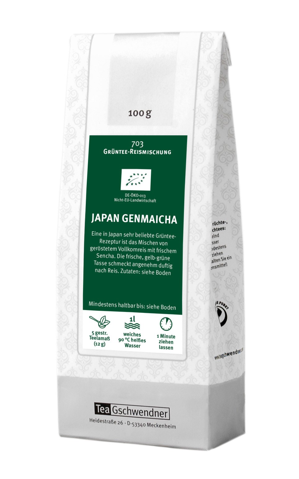 Teepackung TeaGschwendner Japan Genmaicha 100 g, Grüntee-Reismischung, Japan Genmaicha, Geometrische Muster, 100 g, Teepackung