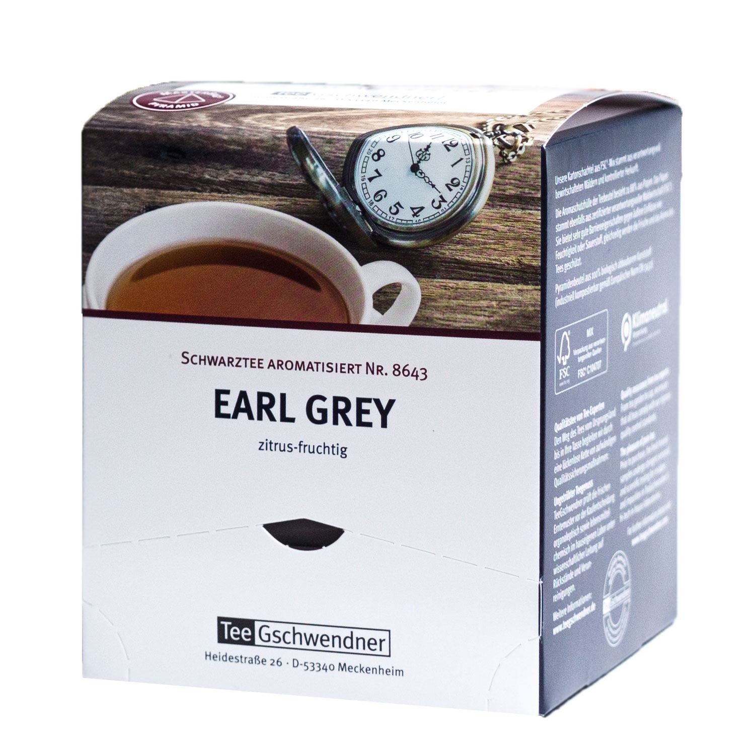 Packung TeeGschwendner Earl Grey zitrus-fruchtig, Earl Grey, Schwarztee, Zitrusaroma, Tee-Box, Kartonverpackung