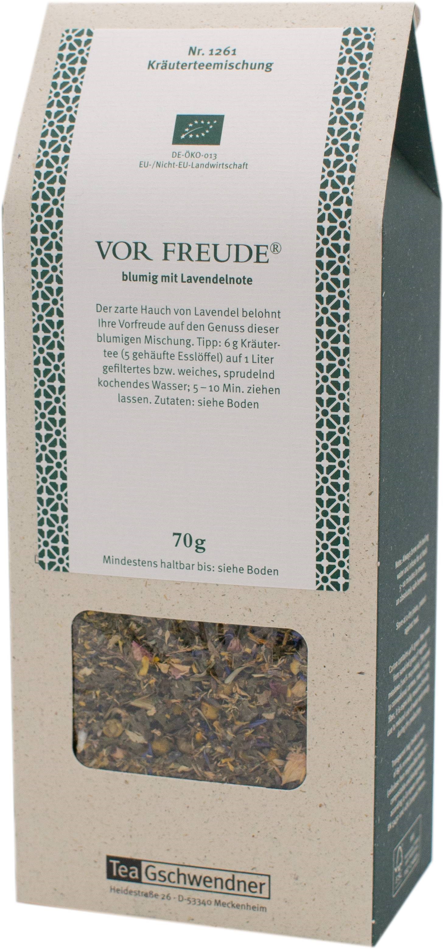 Packung TeaGschwendner Vor Freude Kräutertee 70g, Kräutertee, Lavendelnote, 70g, Teebeutel, VorFreude