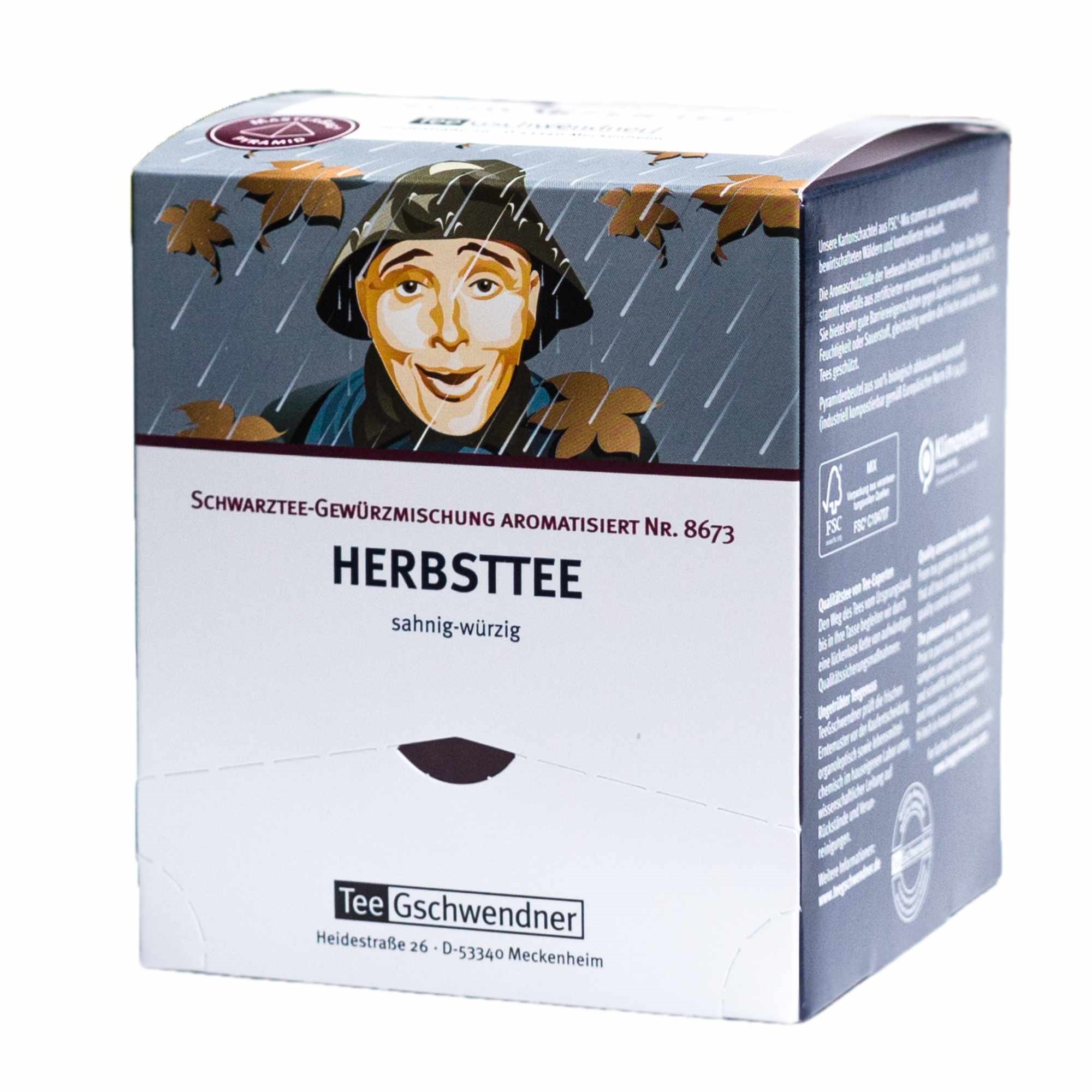 Rückseite einer Herbsttee-Packung mit Zutatenliste, Herbsttee, Schwarzer Tee, Gewürzblends, Aroma-Teemischung, 250 ml, Herbsttee, Sahnergwürzig, Schwarztee-Gewürzmischung, Aromatisiert, Meckenheim